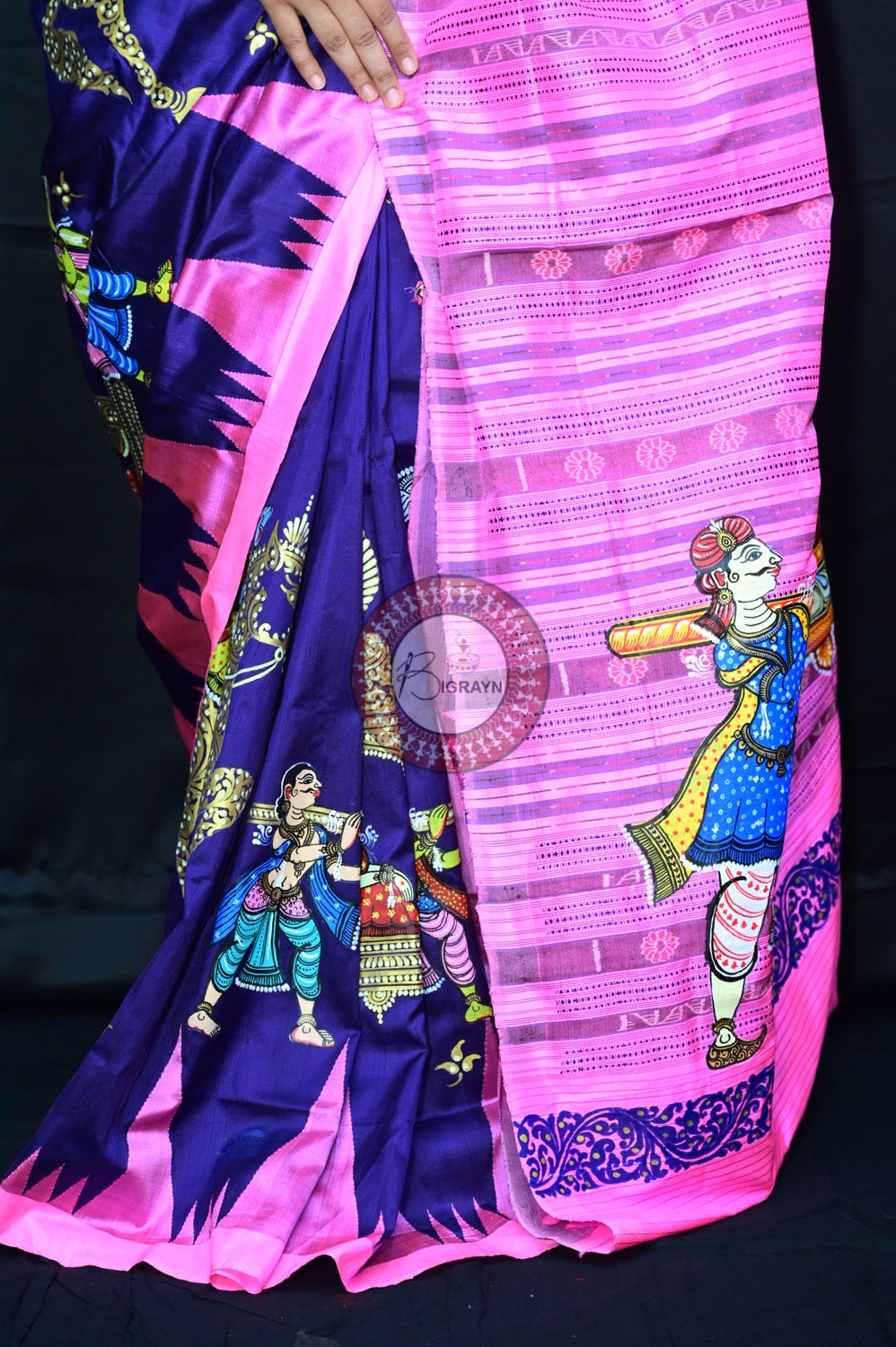Blue Pink Phoda Kumbha Sambalpuri Pattachitra Silk Saree