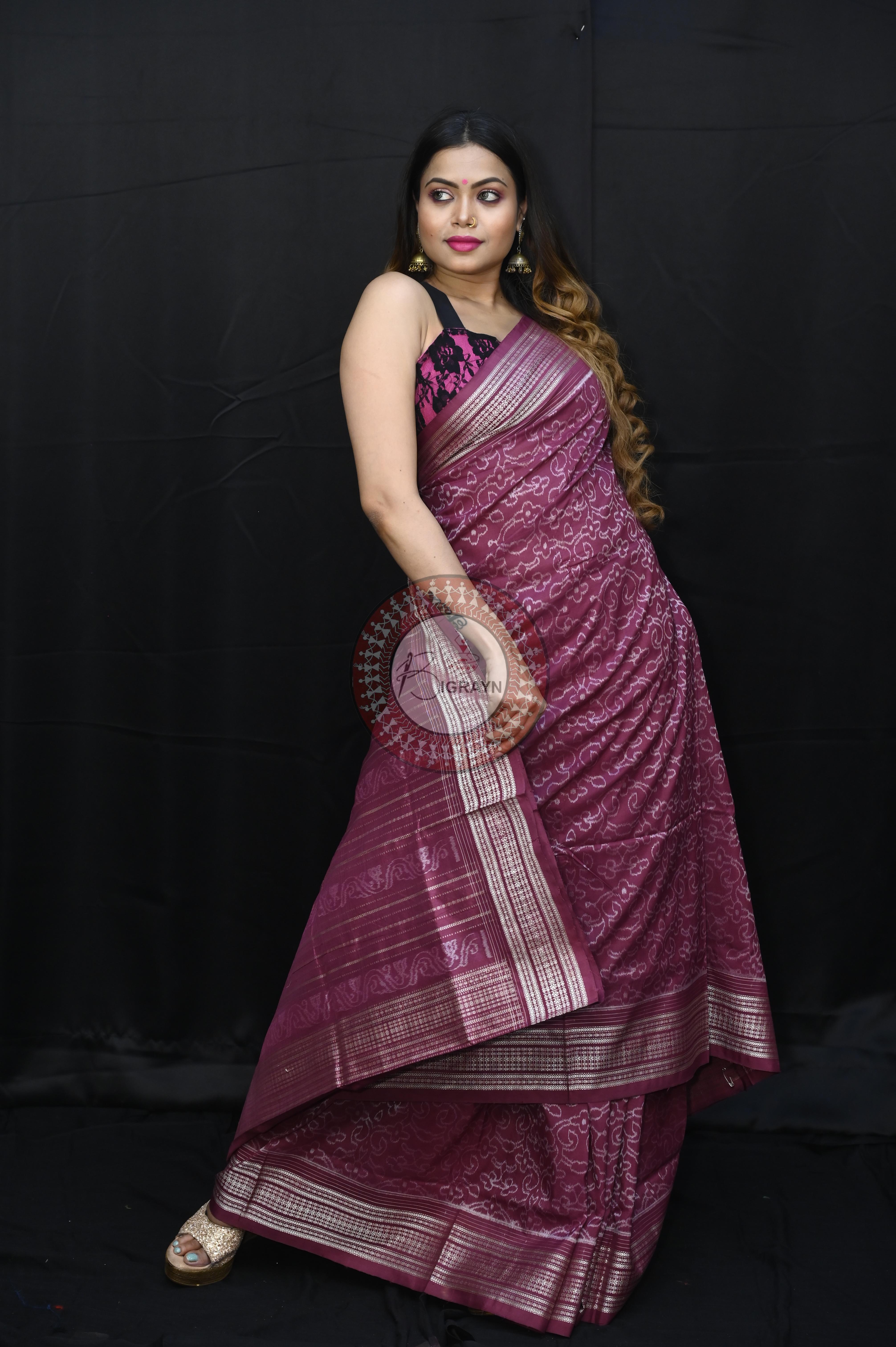 Magenta Lakha Dye Flower Design Natural Dye Silk Saree
