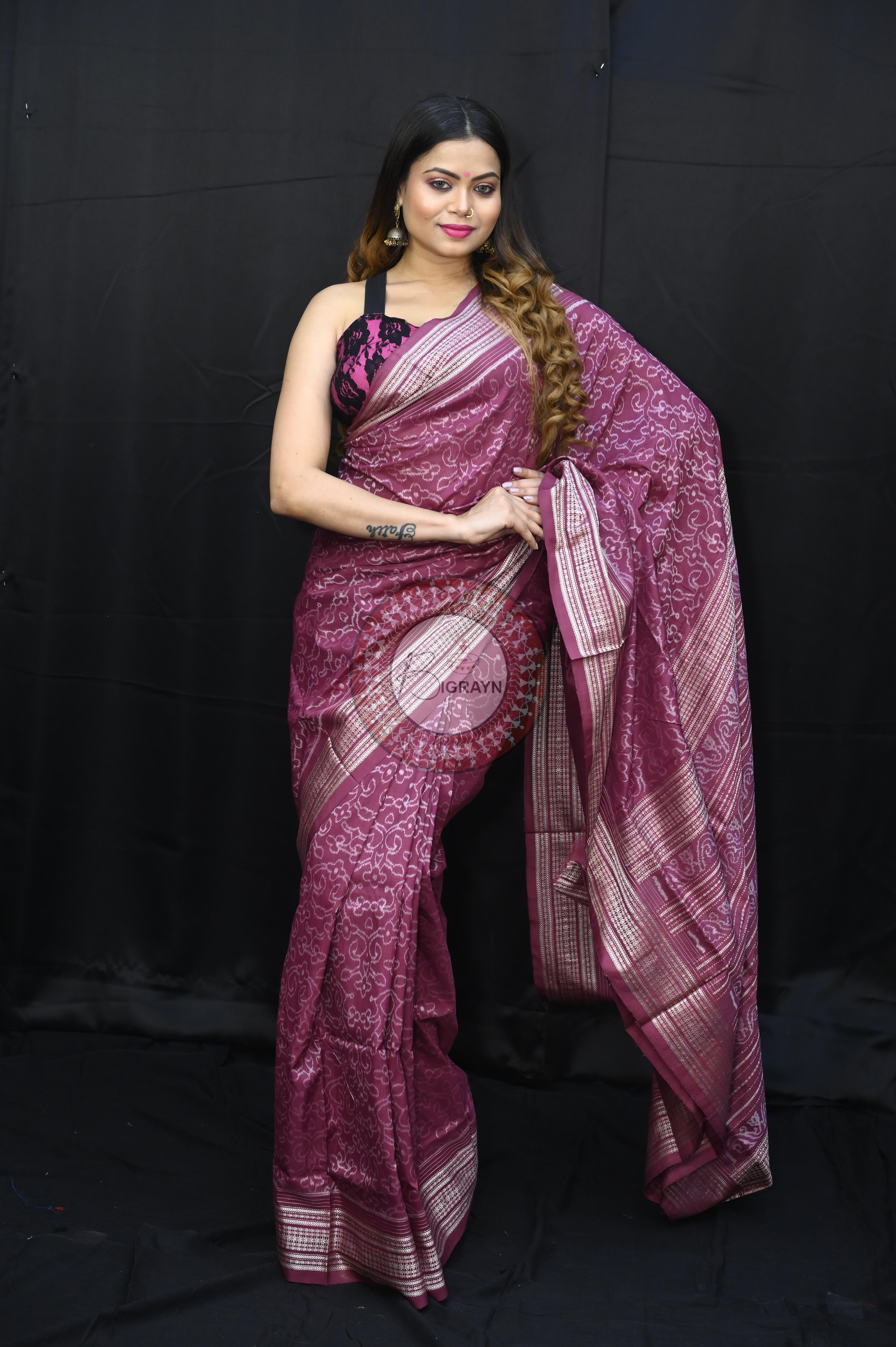 Magenta Lakha Dye Flower Design Natural Dye Silk Saree