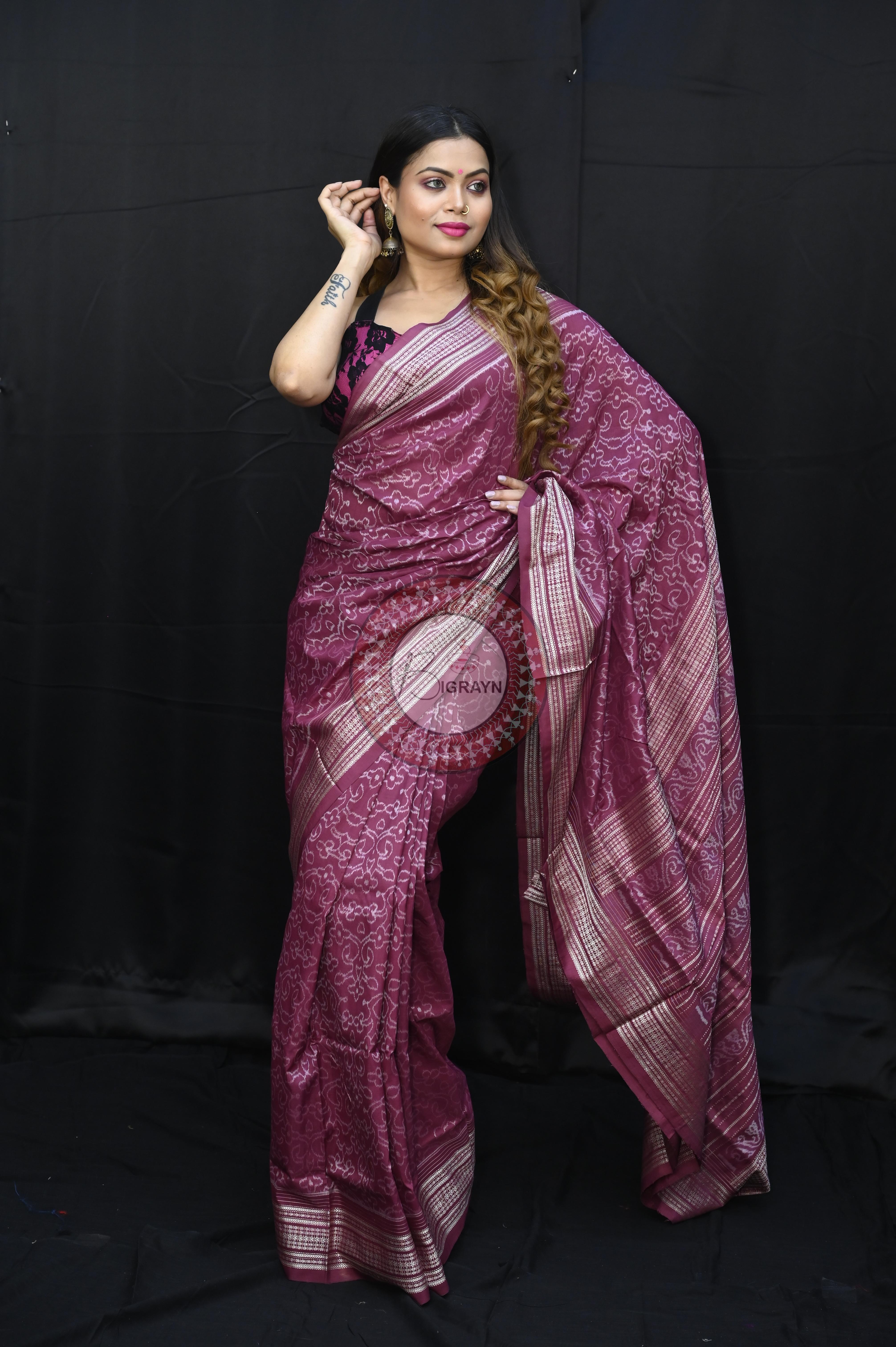 Magenta Lakha Dye Flower Design Natural Dye Silk Saree