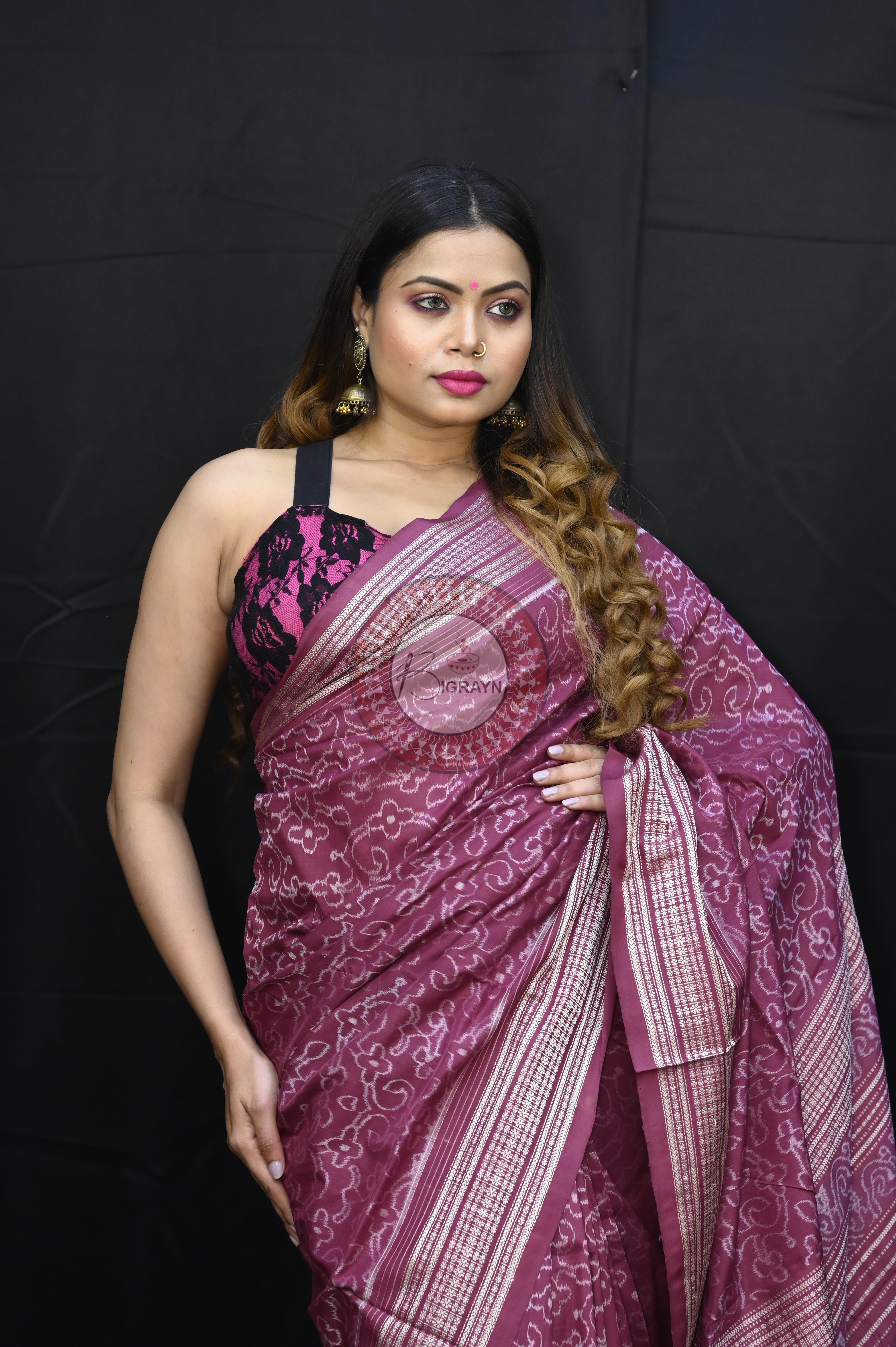 Magenta Lakha Dye Flower Design Natural Dye Silk Saree
