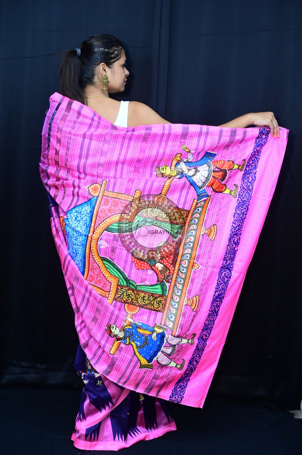 Blue Pink Phoda Kumbha Sambalpuri Pattachitra Silk Saree