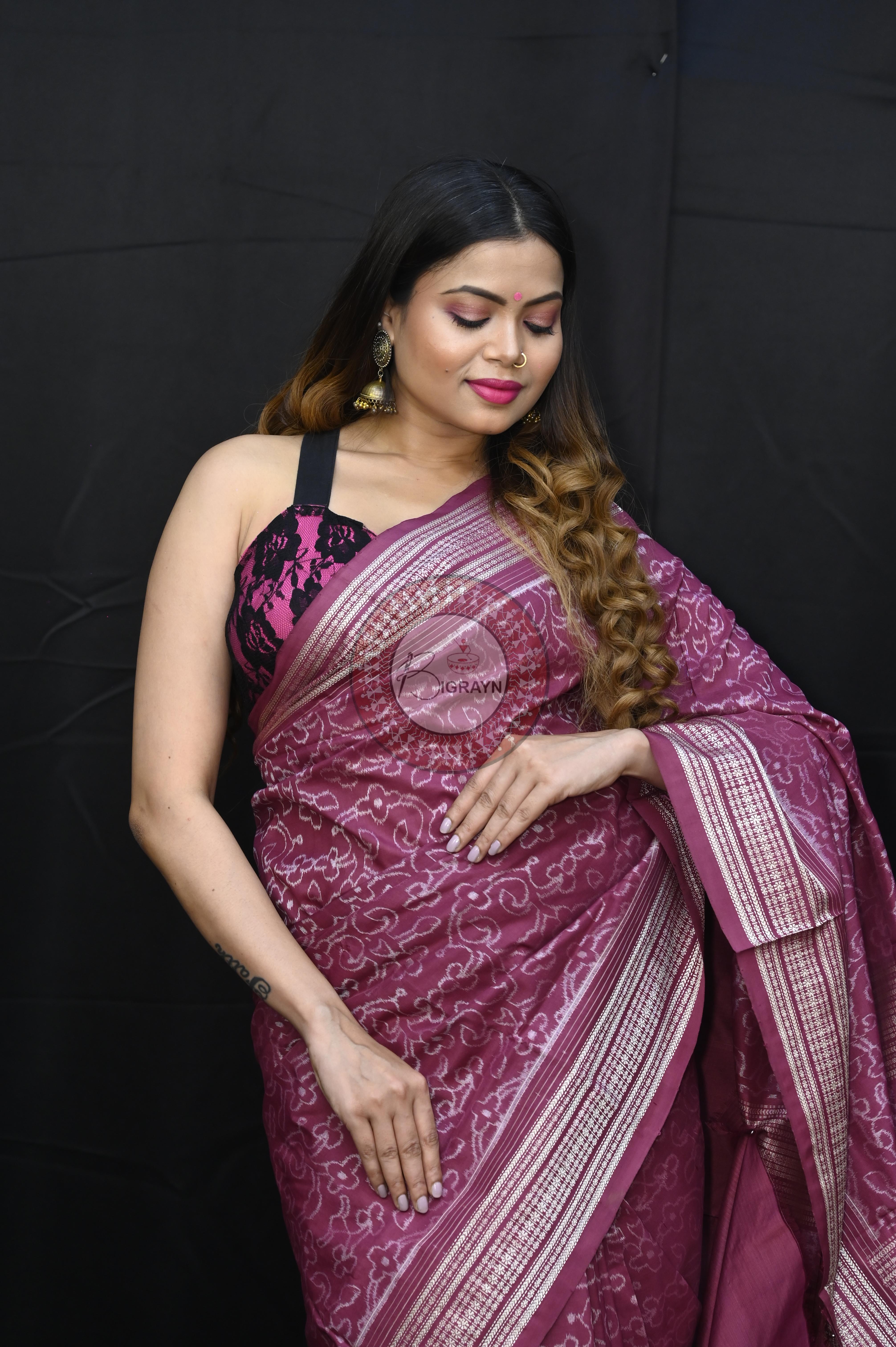 Magenta Lakha Dye Flower Design Natural Dye Silk Saree