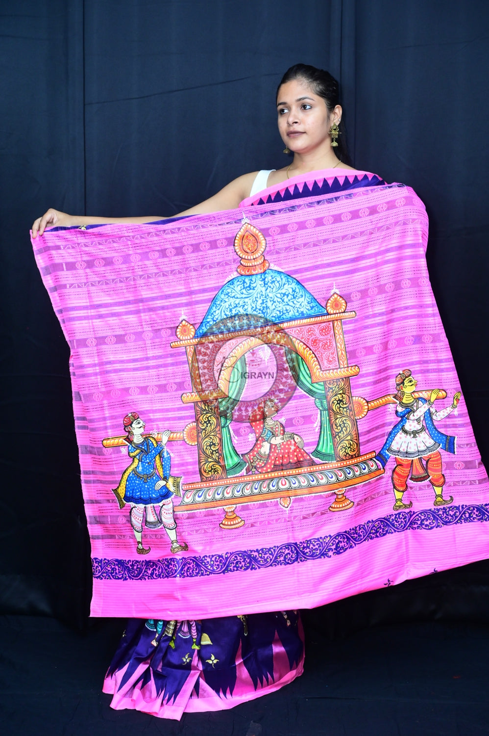 Blue Pink Phoda Kumbha Sambalpuri Pattachitra Silk Saree