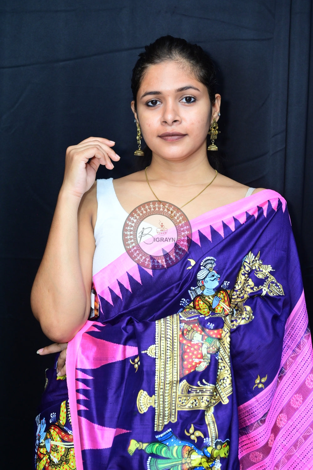 Blue Pink Phoda Kumbha Sambalpuri Pattachitra Silk Saree