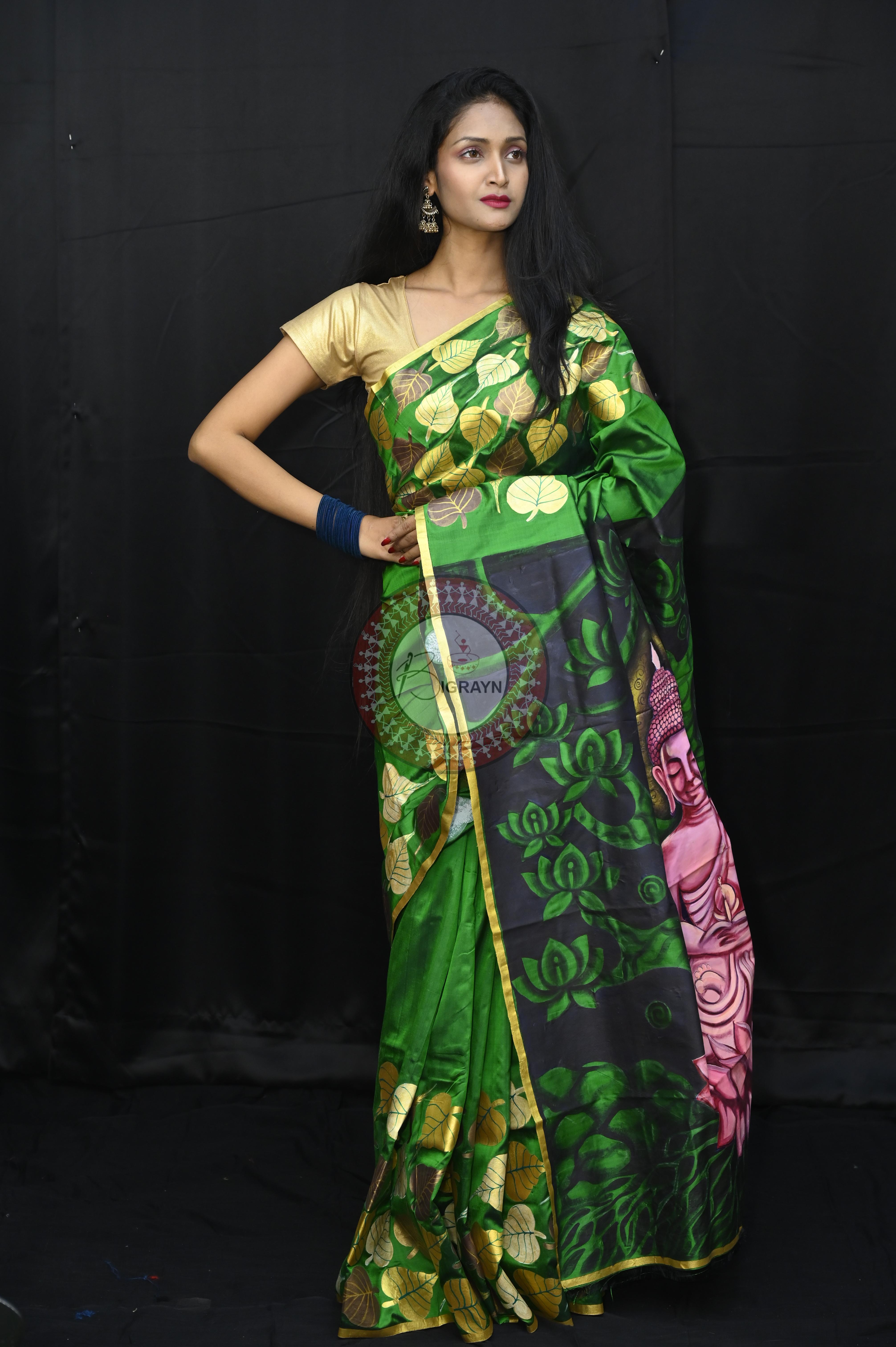 Green Buddha Theme Pattachitra Sambalpuri Silk Saree