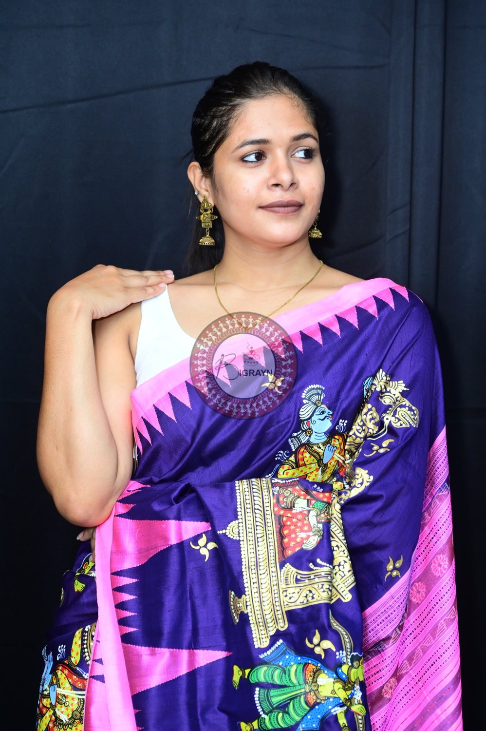 Blue Pink Phoda Kumbha Sambalpuri Pattachitra Silk Saree