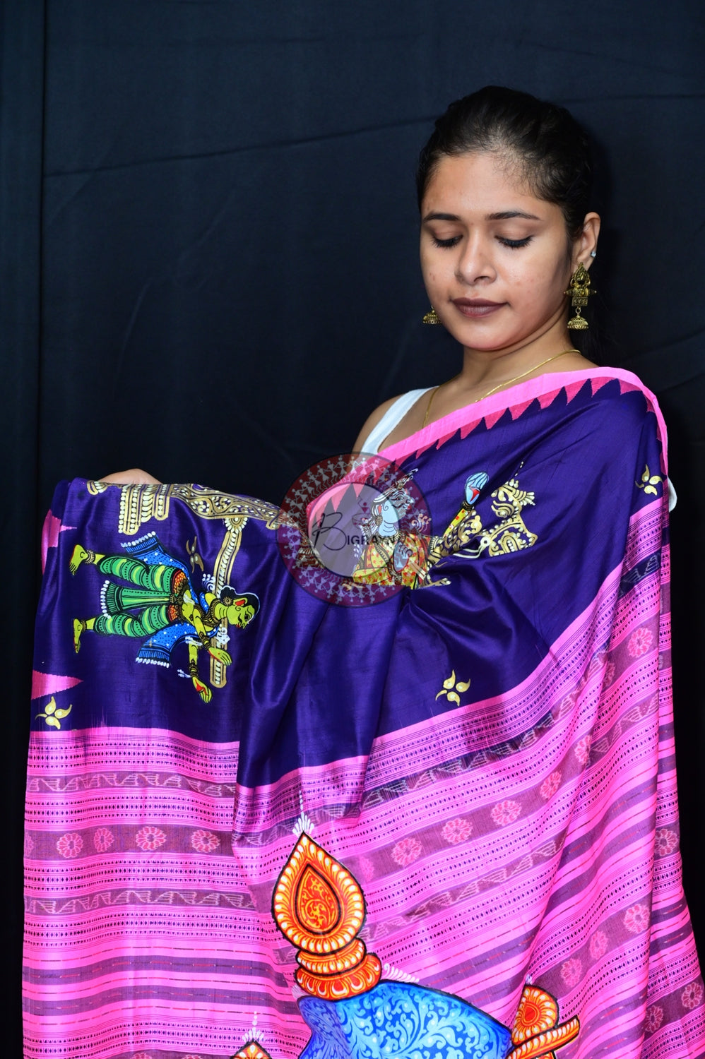 Blue Pink Phoda Kumbha Sambalpuri Pattachitra Silk Saree