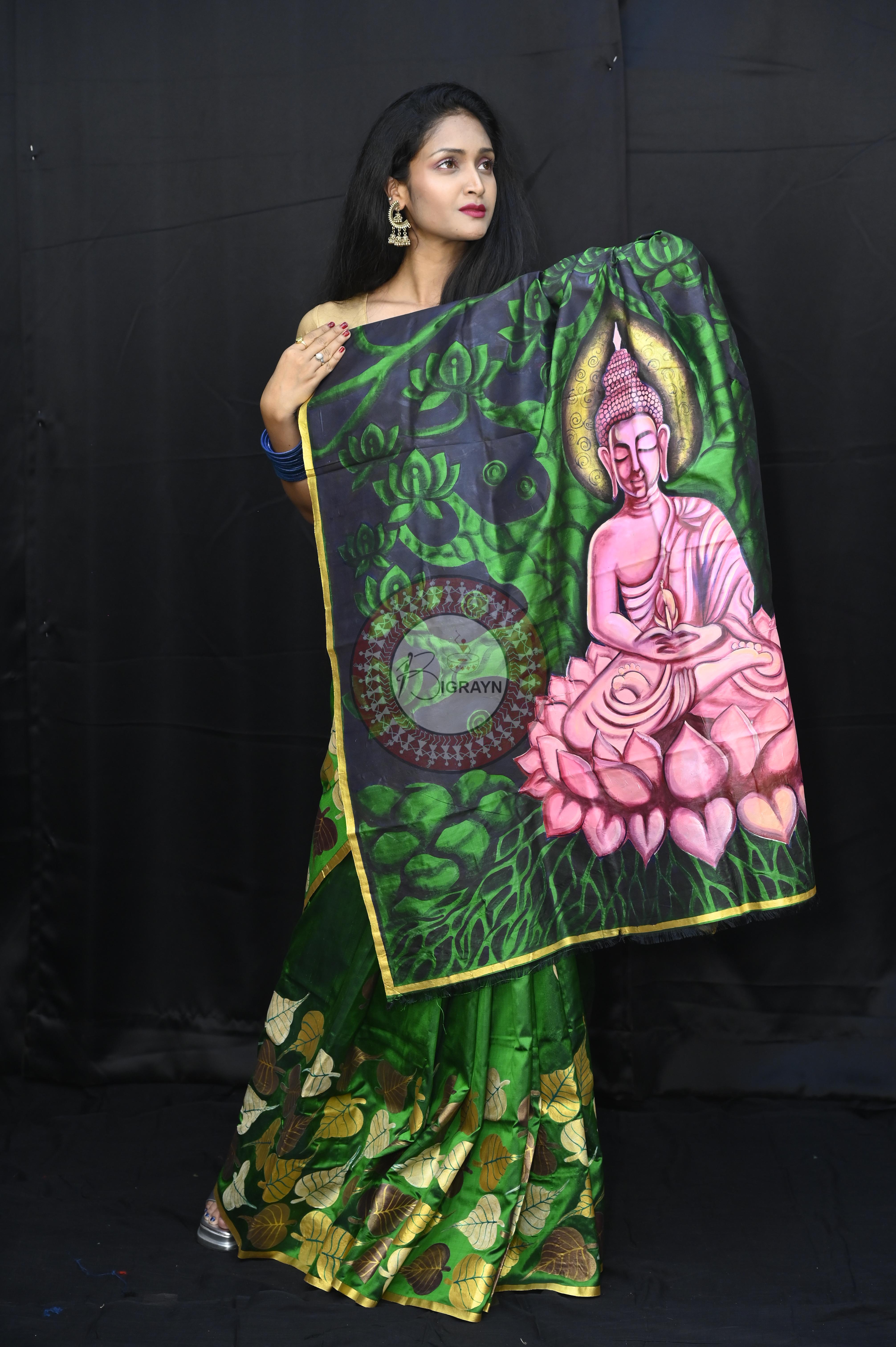 Green Buddha Theme Pattachitra Sambalpuri Silk Saree