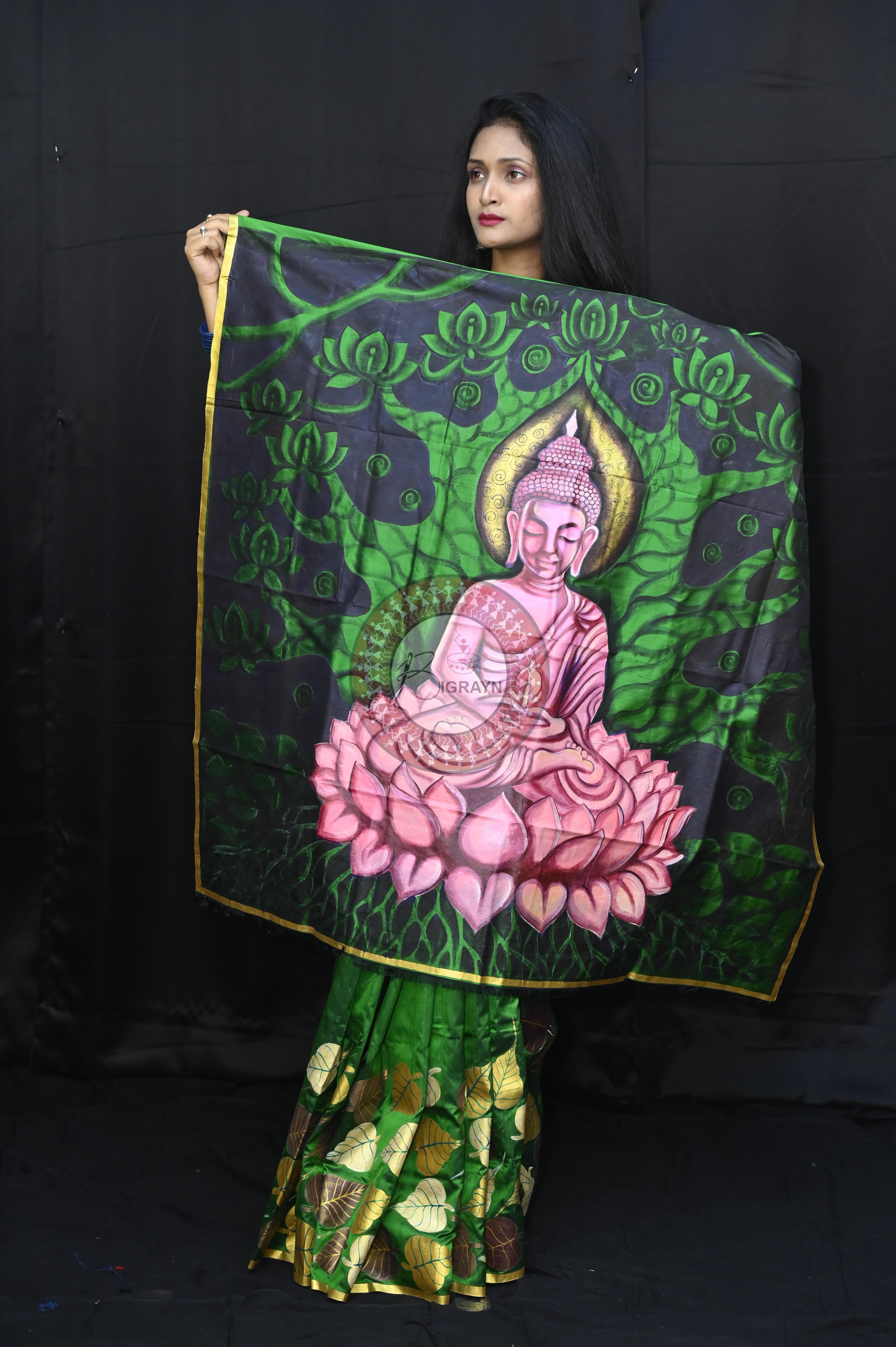 Green Buddha Theme Pattachitra Sambalpuri Silk Saree