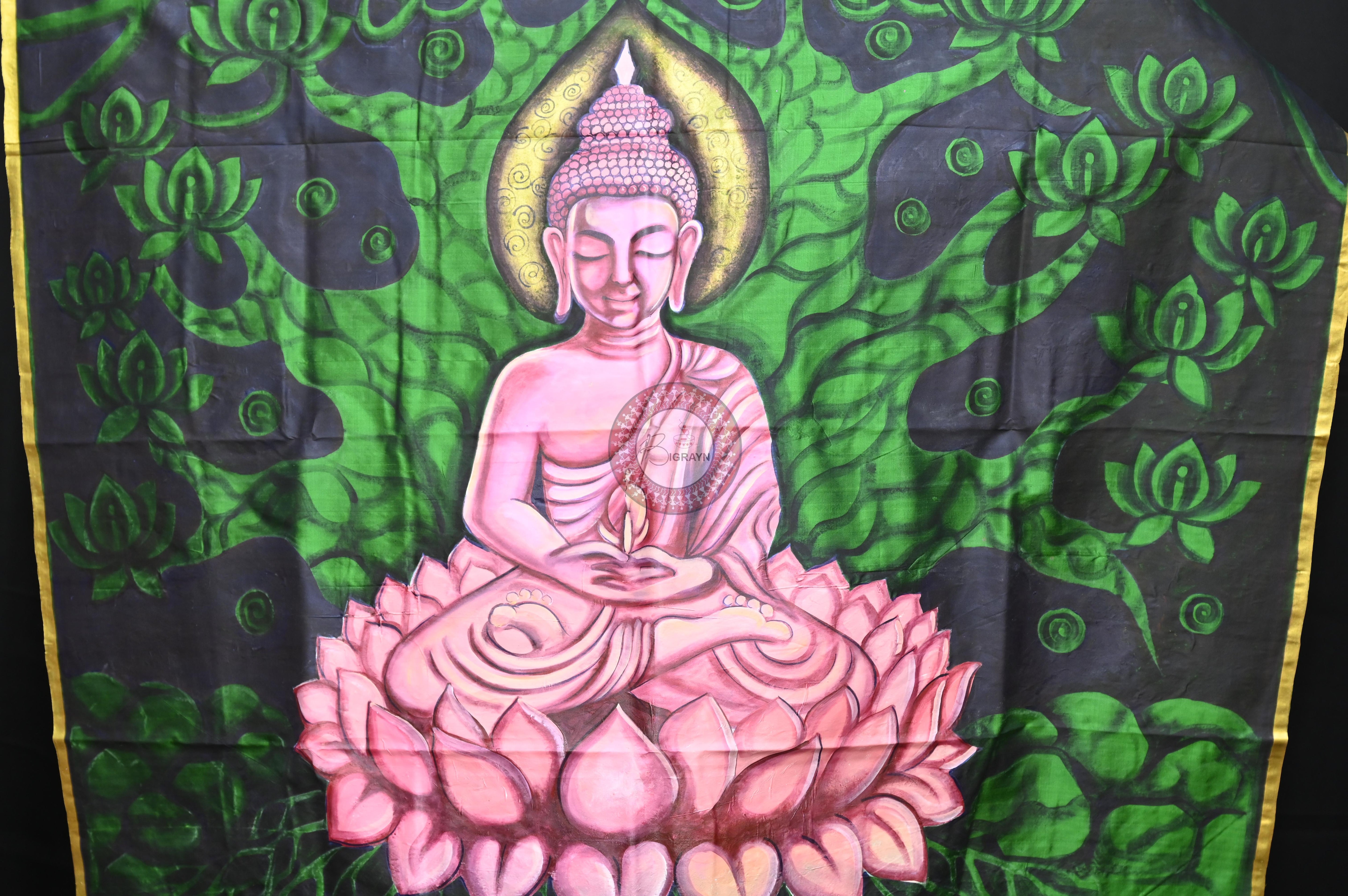 Green Buddha Theme Pattachitra Sambalpuri Silk Saree