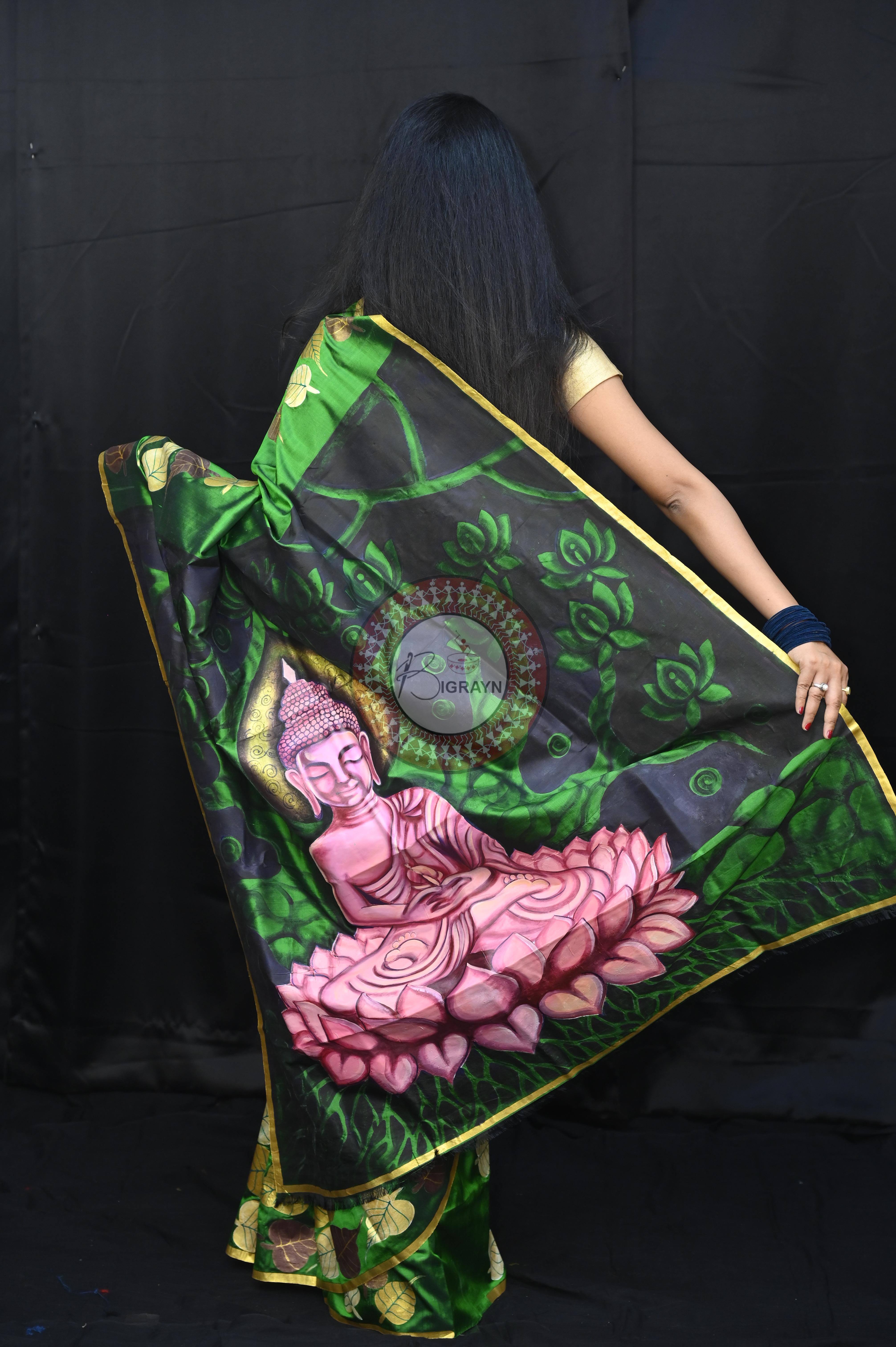 Green Buddha Theme Pattachitra Sambalpuri Silk Saree