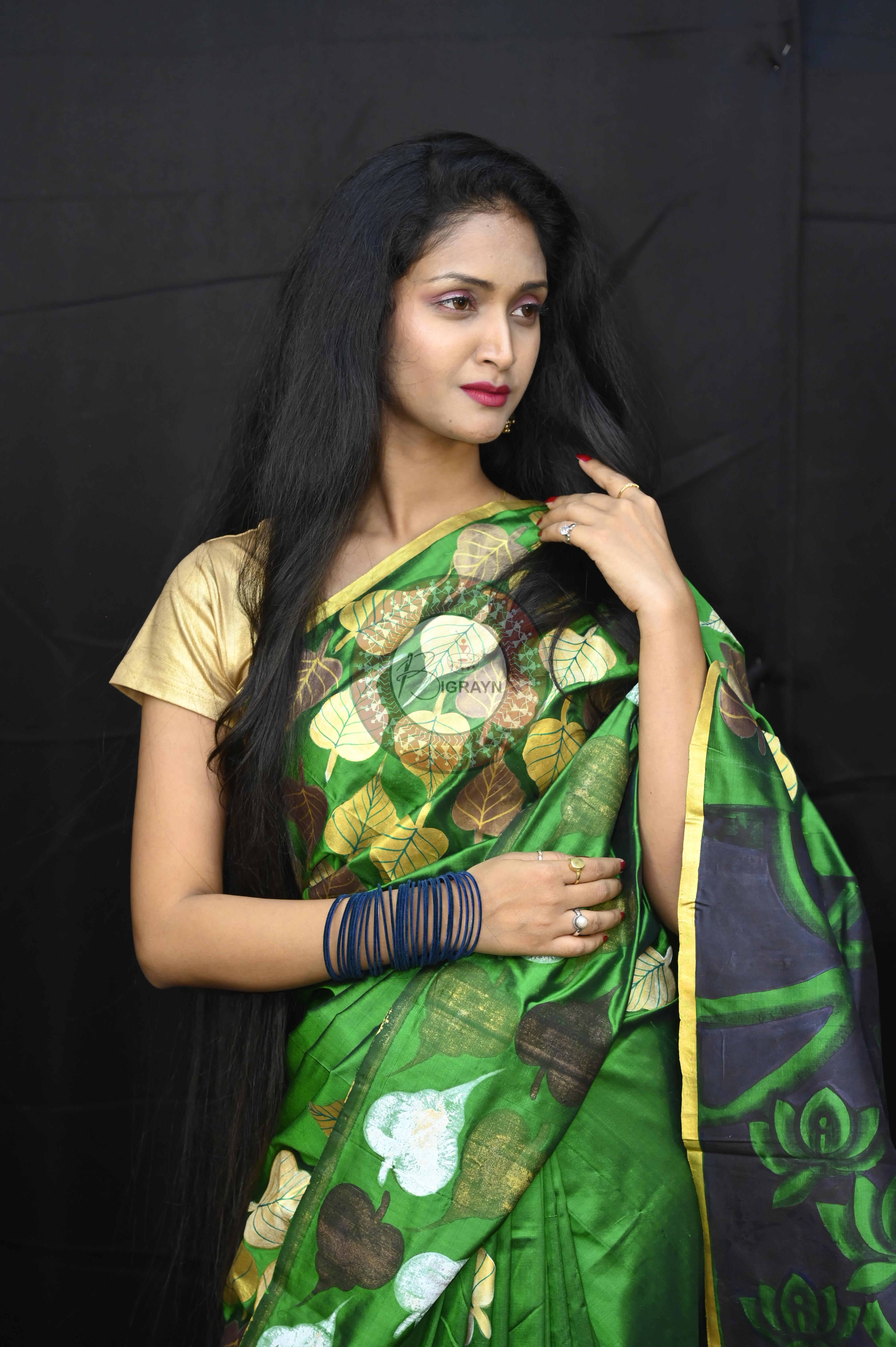 Green Buddha Theme Pattachitra Sambalpuri Silk Saree