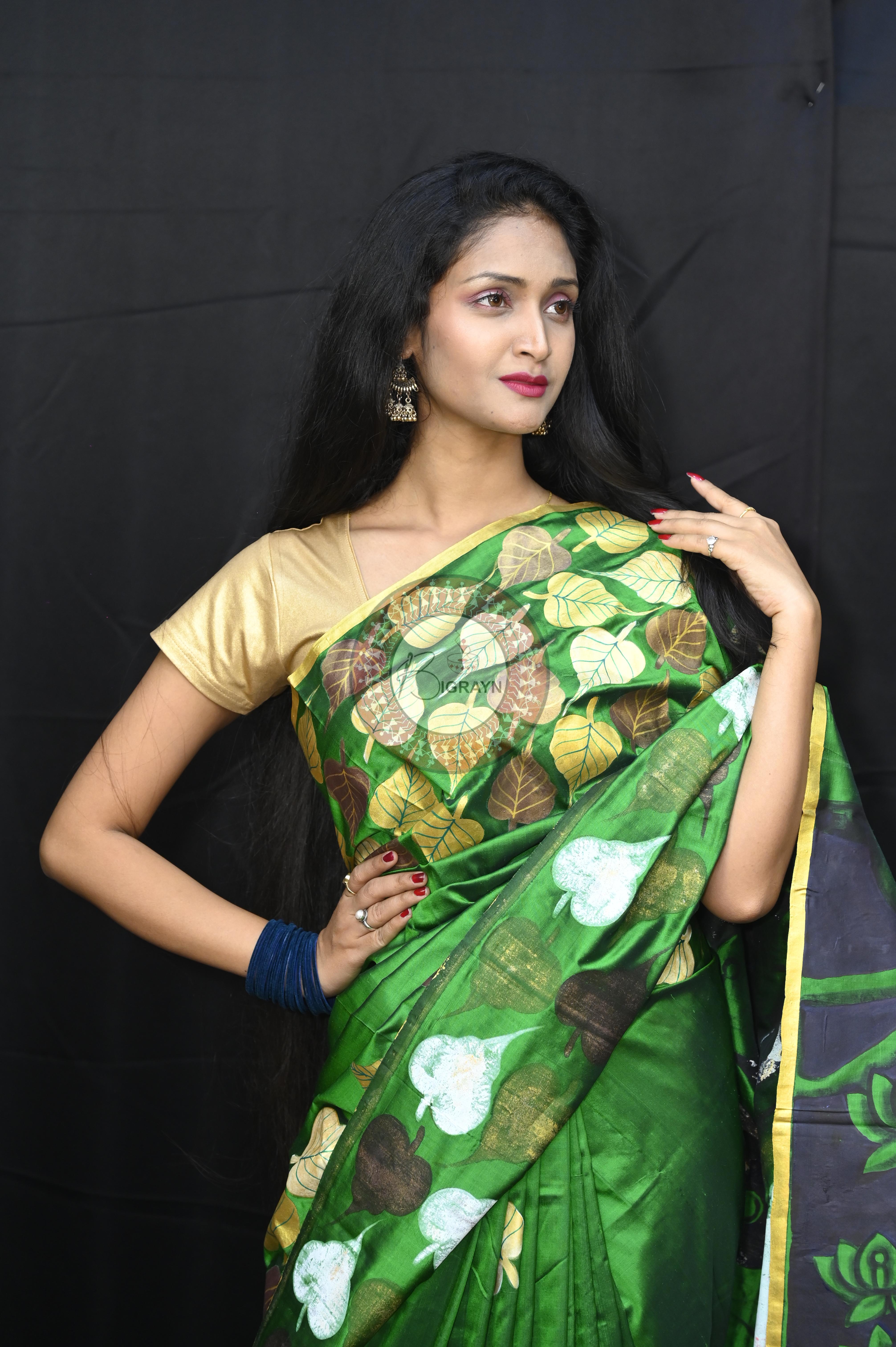 Green Buddha Theme Pattachitra Sambalpuri Silk Saree