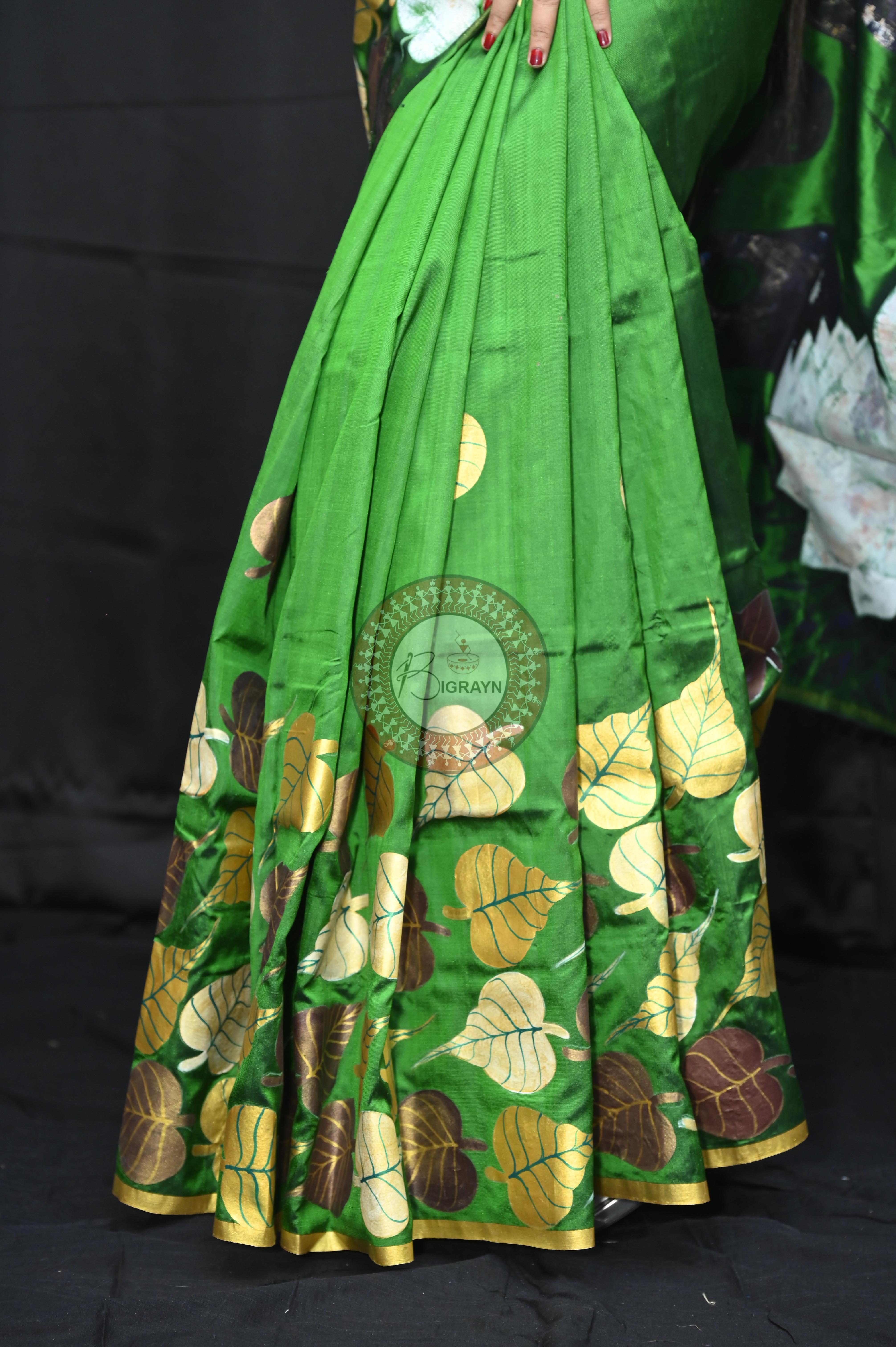 Green Buddha Theme Pattachitra Sambalpuri Silk Saree