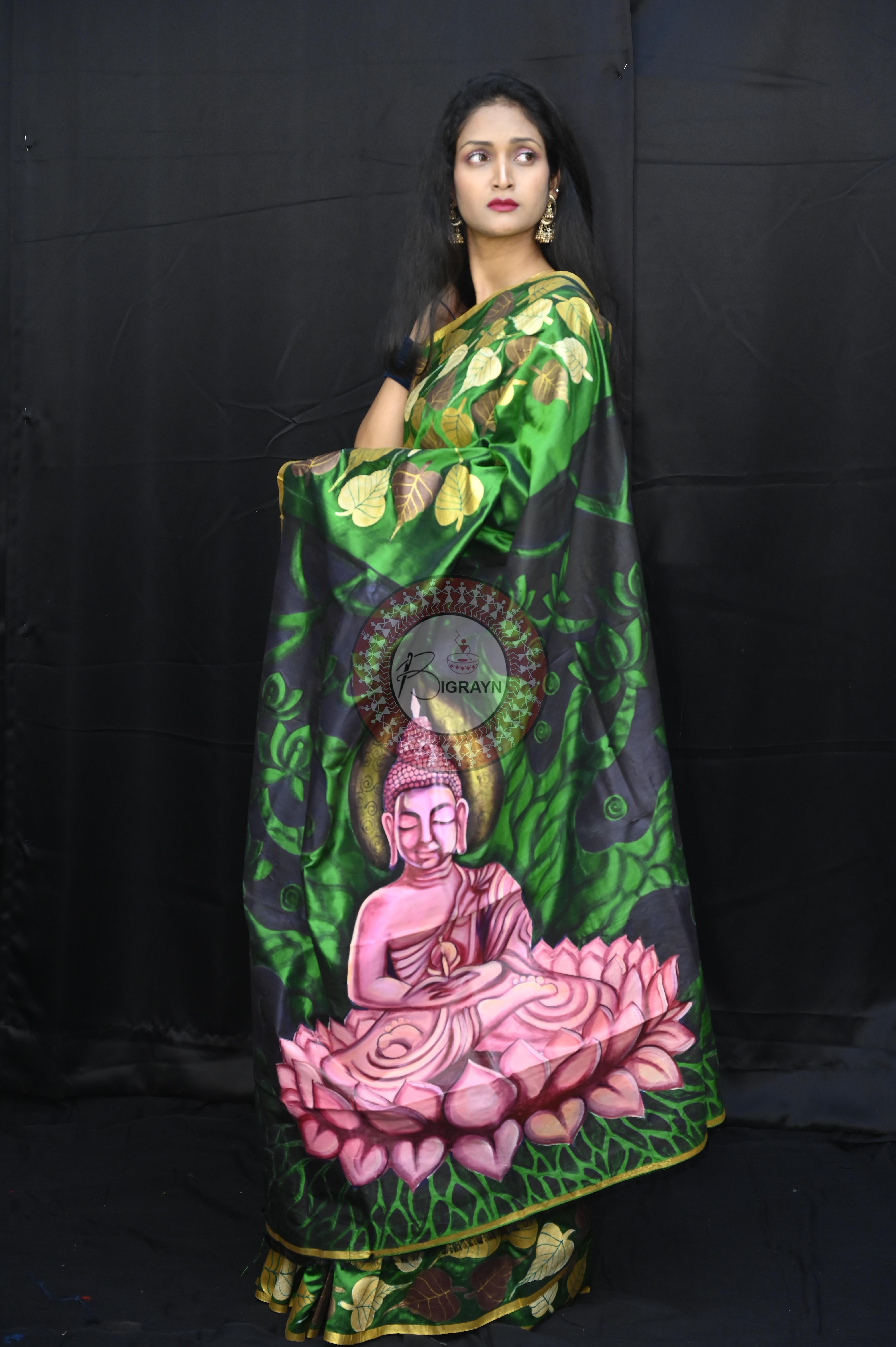 Green Buddha Theme Pattachitra Sambalpuri Silk Saree