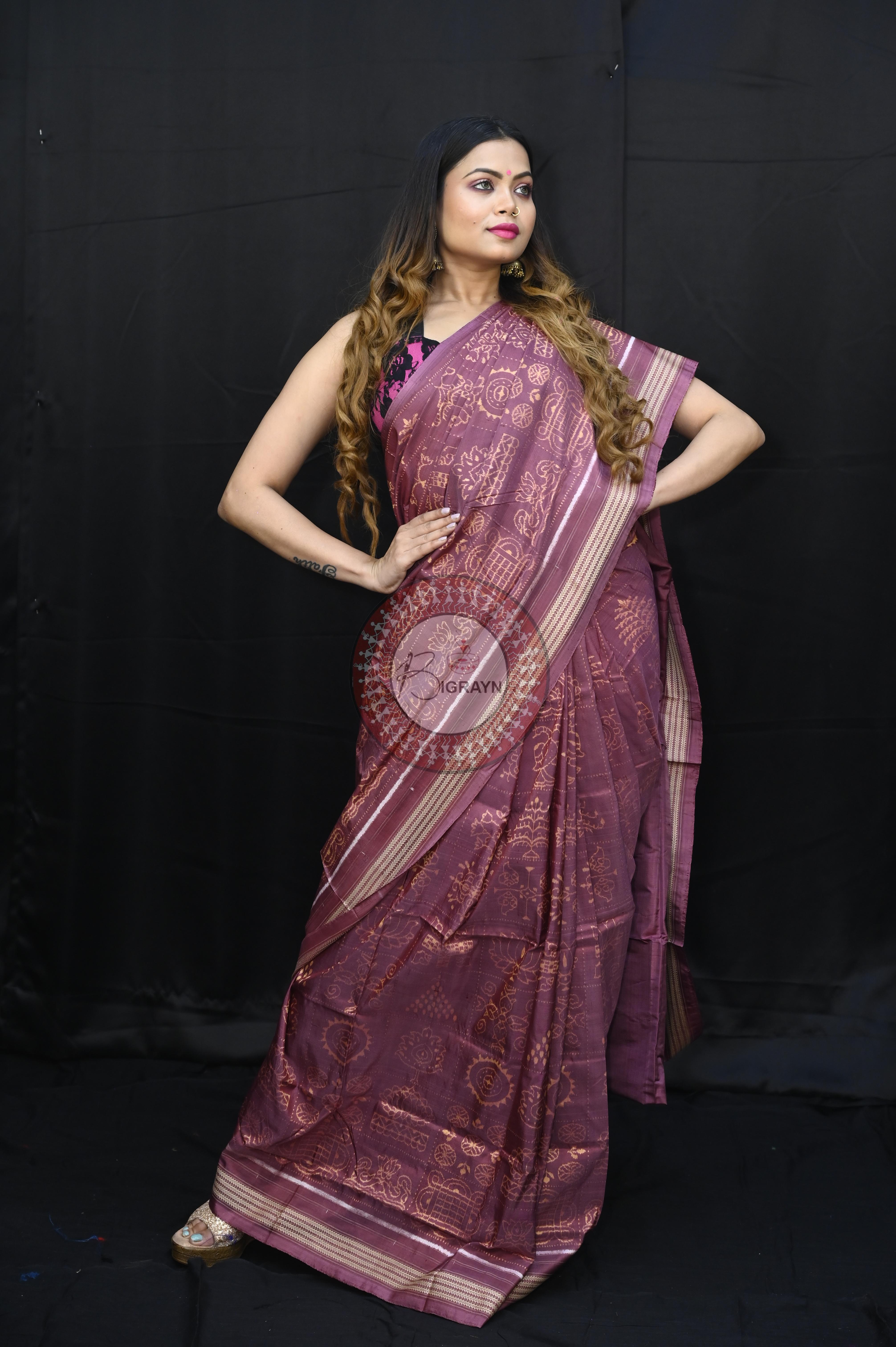Onion Pink Nabakothi Design Natural Dye Sambalpuri Silk Saree