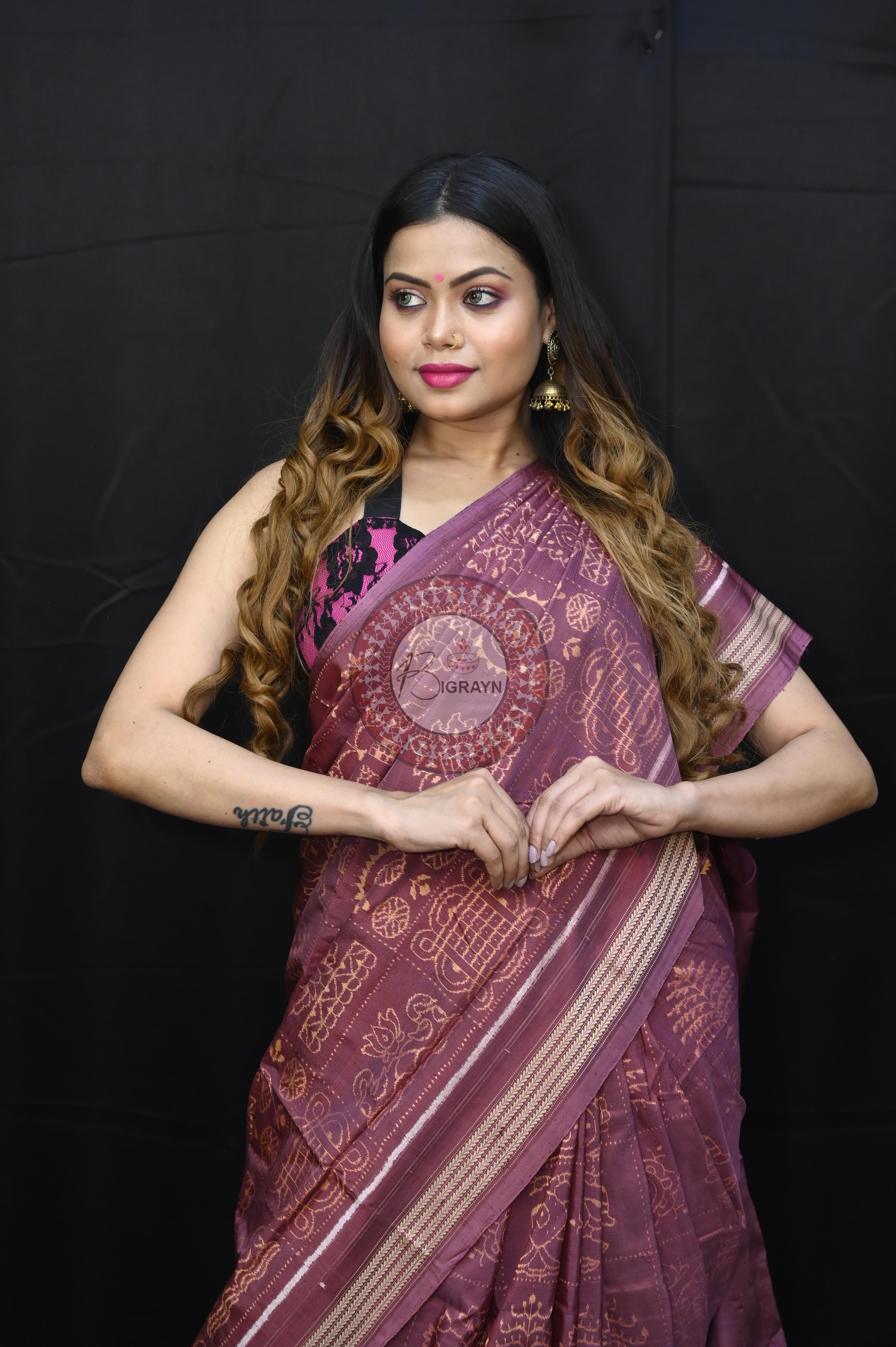 Onion Pink Nabakothi Design Natural Dye Sambalpuri Silk Saree