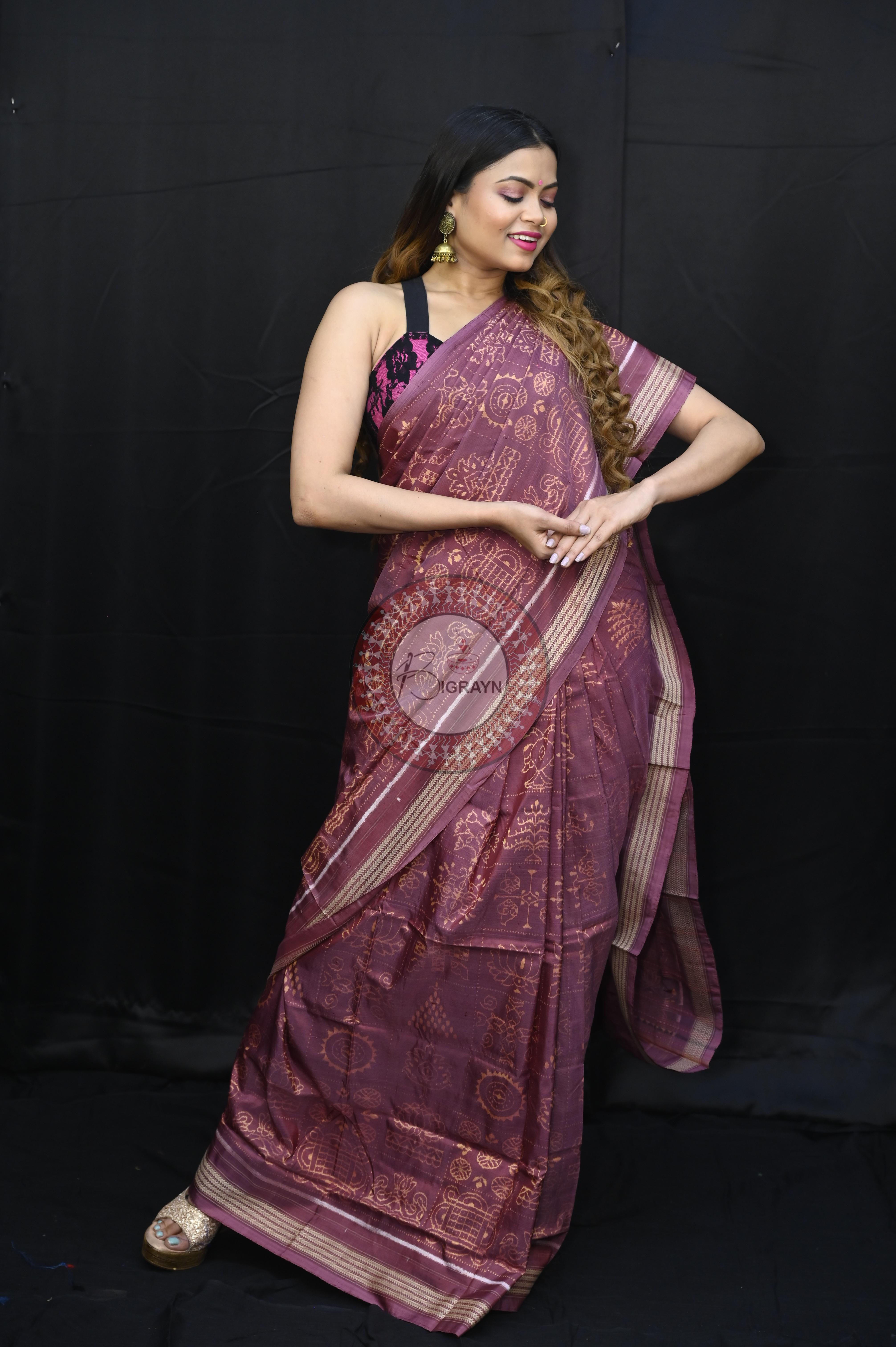 Onion Pink Nabakothi Design Natural Dye Sambalpuri Silk Saree