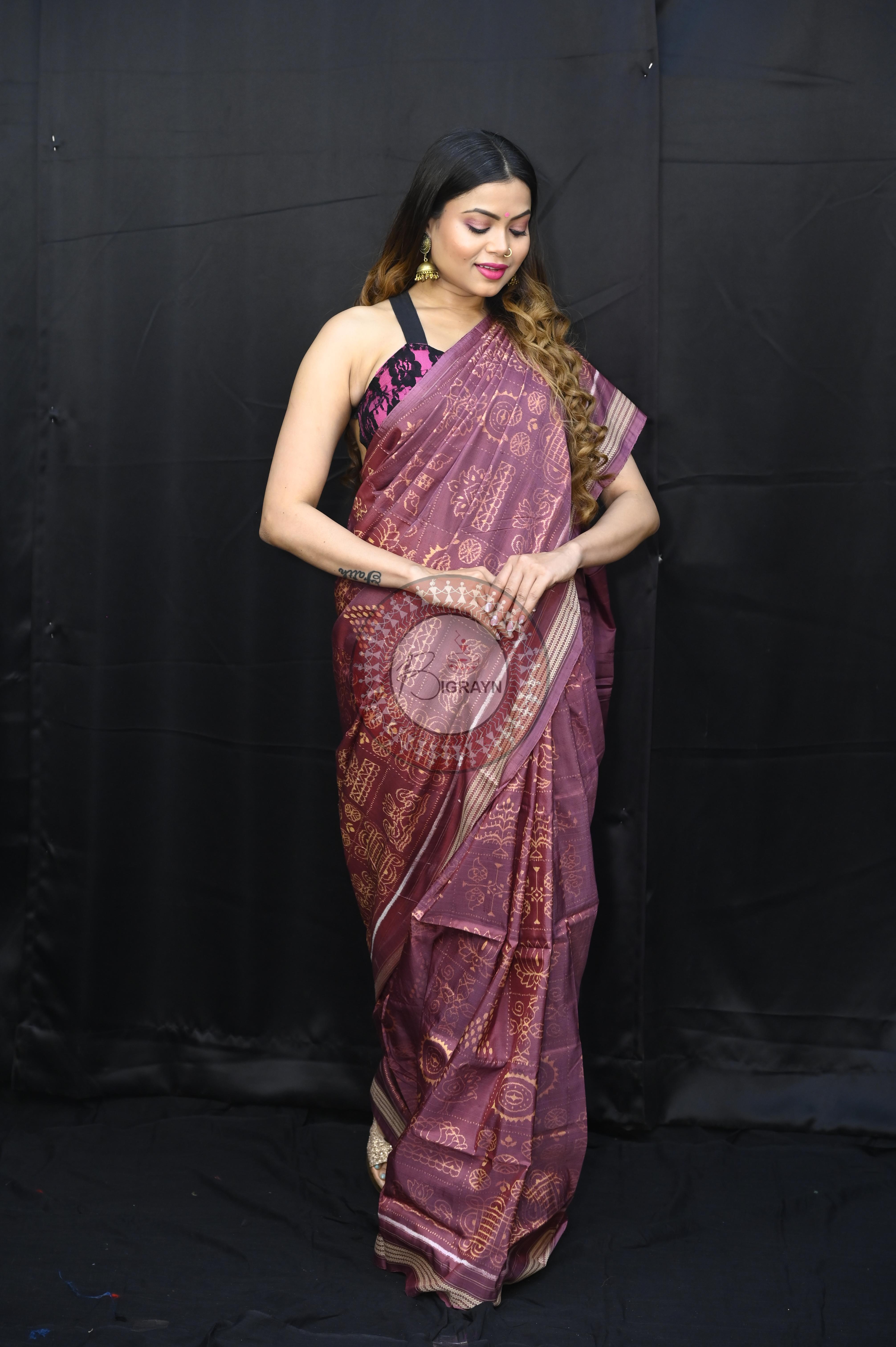 Onion Pink Nabakothi Design Natural Dye Sambalpuri Silk Saree