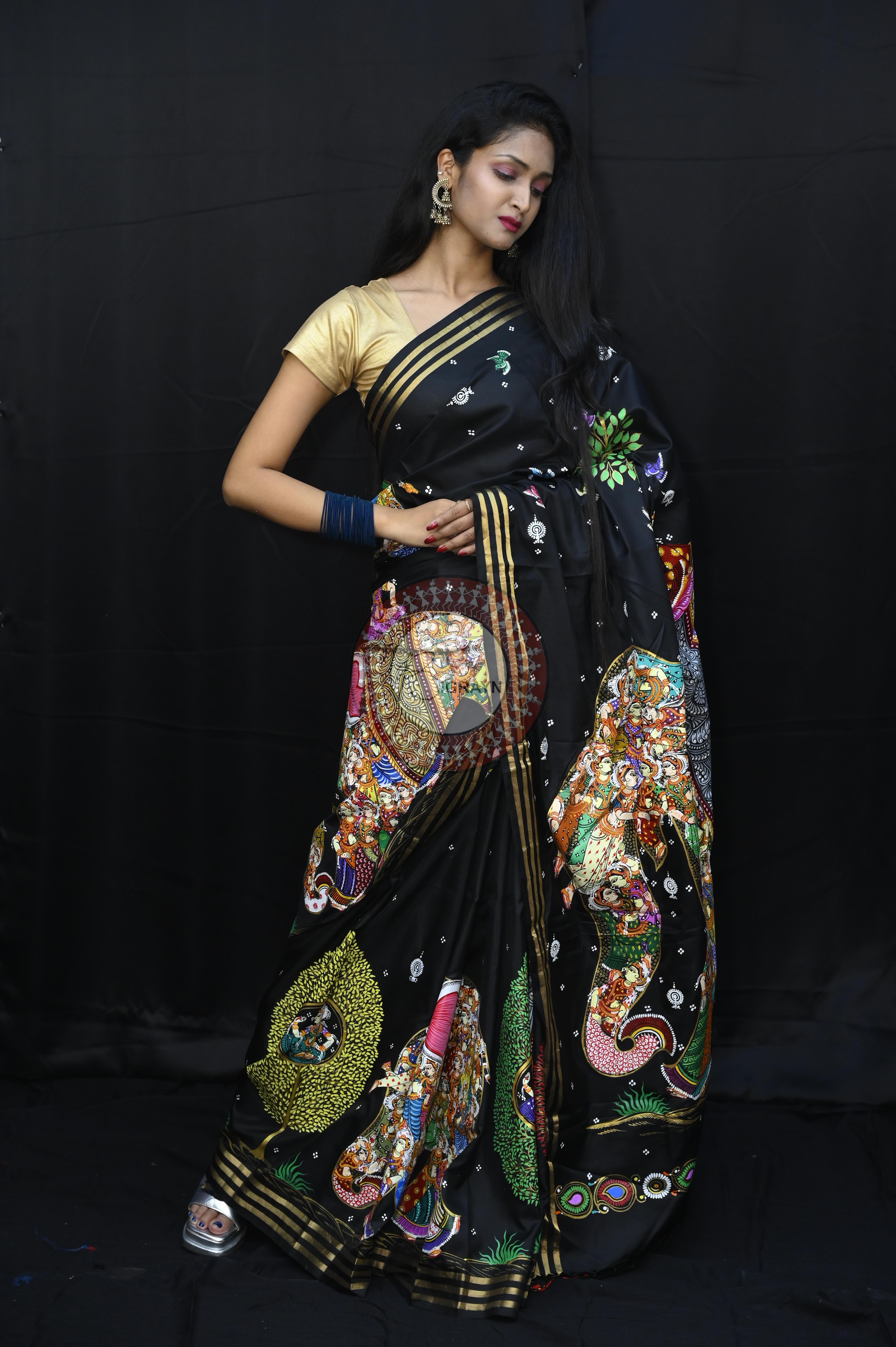 Black 7 Kandarpa Hasti Pattachitra Kanjeeveram Silk Saree