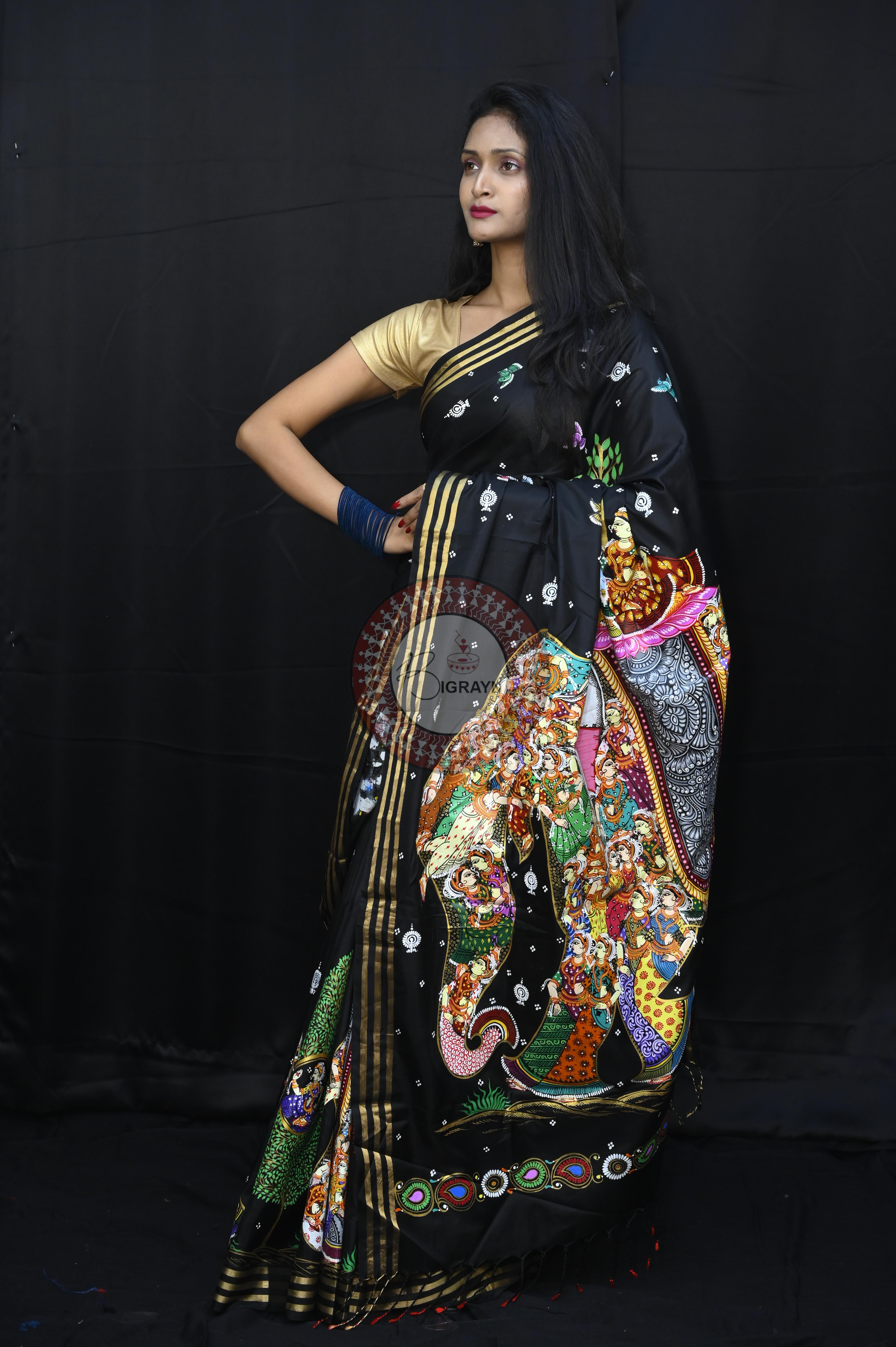 Black 7 Kandarpa Hasti Pattachitra Kanjeeveram Silk Saree