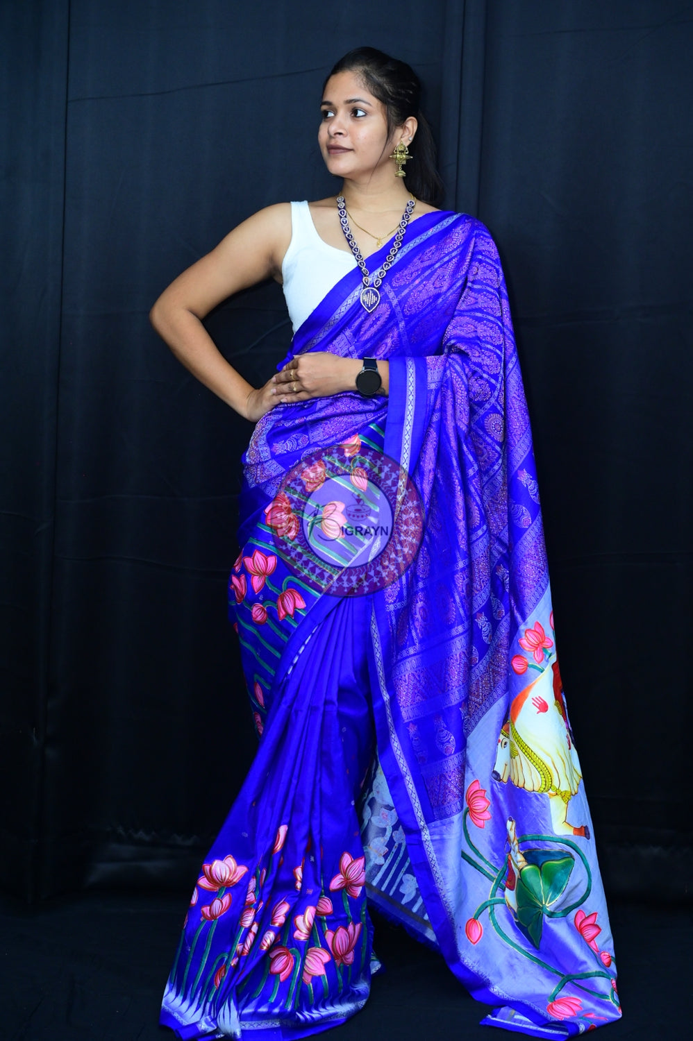 Blue Krishna Pichwai Art Sambalpuri Silk Saree
