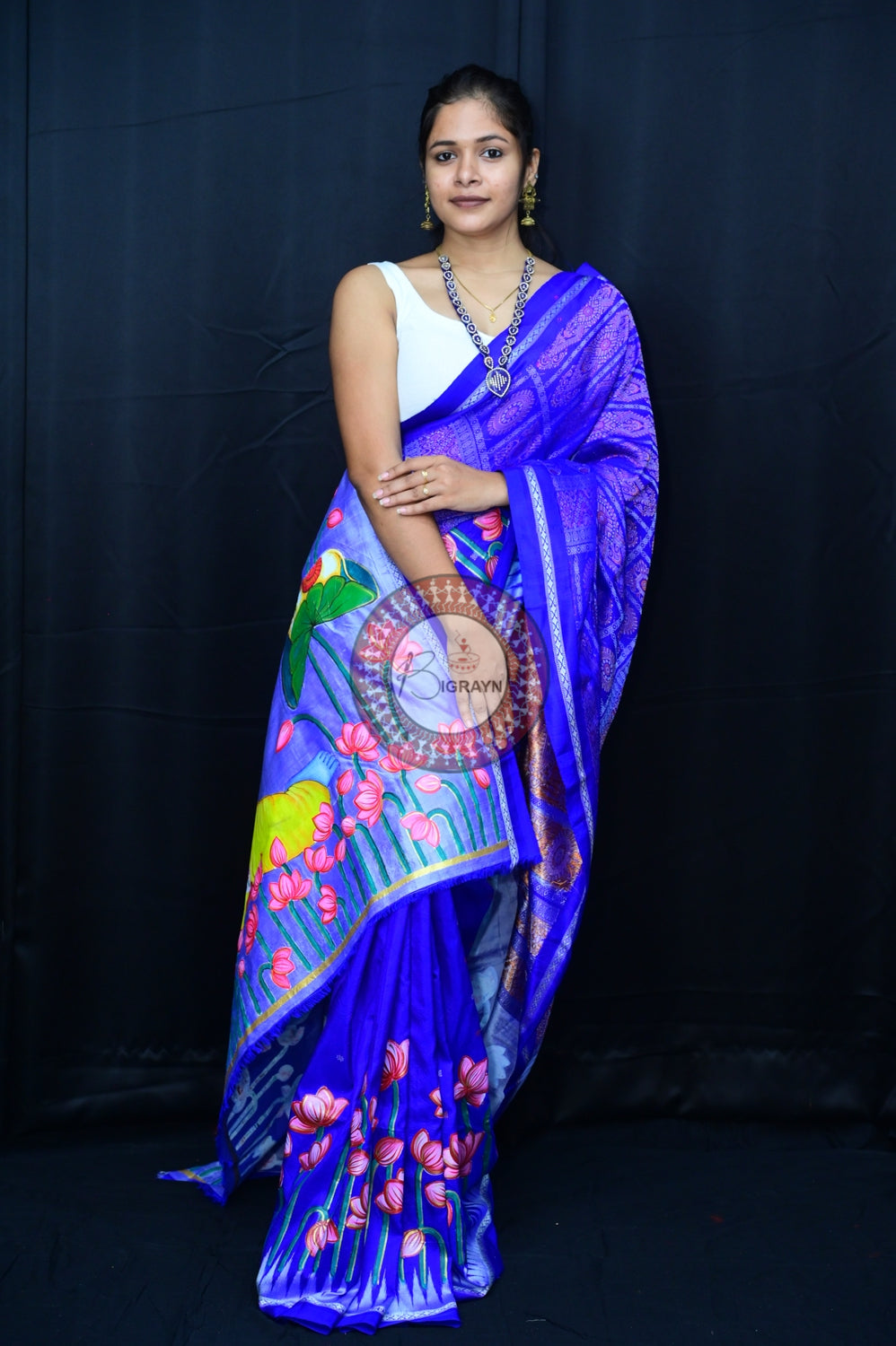 Blue Krishna Pichwai Art Sambalpuri Silk Saree