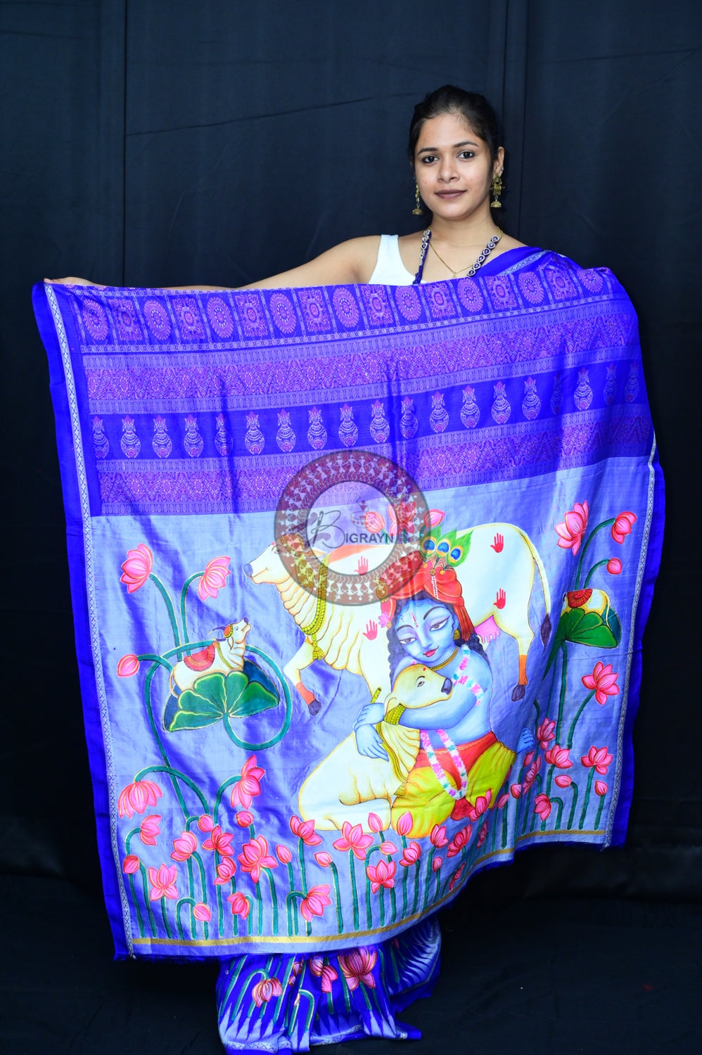 Blue Krishna Pichwai Art Sambalpuri Silk Saree