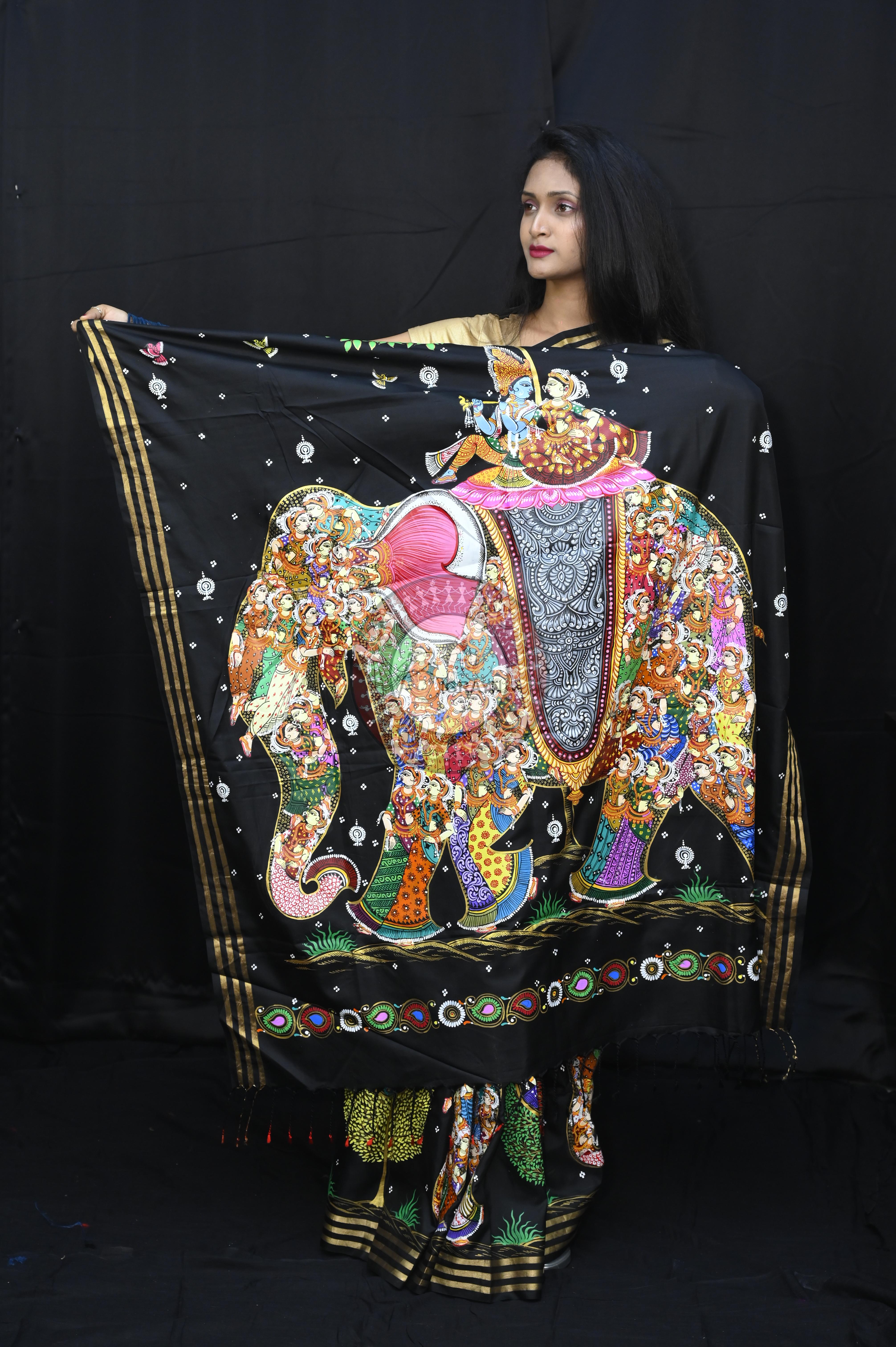 Black 7 Kandarpa Hasti Pattachitra Kanjeeveram Silk Saree