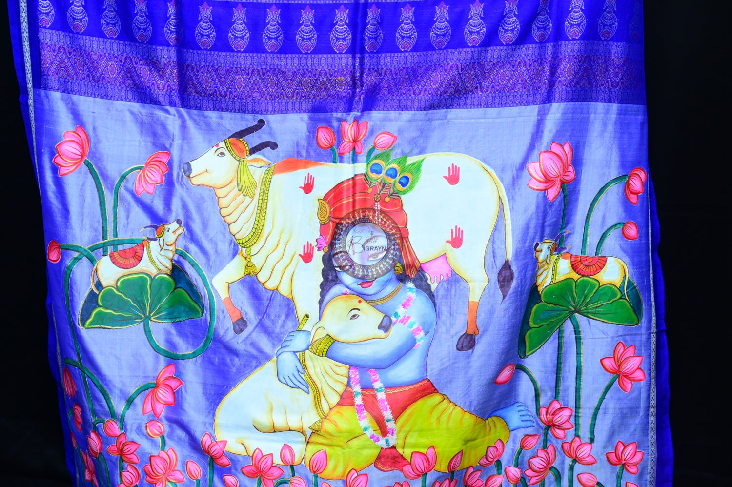 Blue Krishna Pichwai Art Sambalpuri Silk Saree