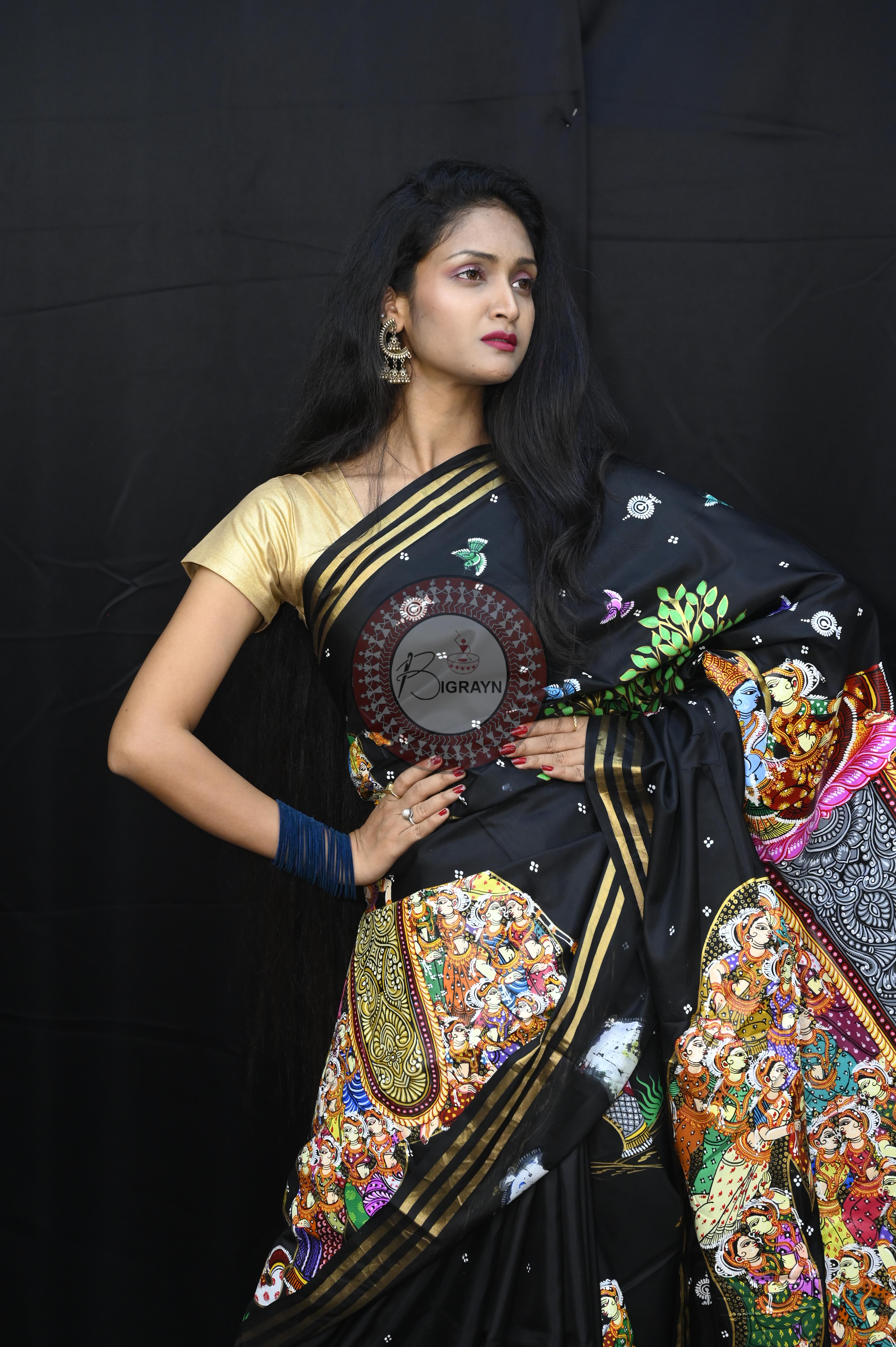Black 7 Kandarpa Hasti Pattachitra Kanjeeveram Silk Saree
