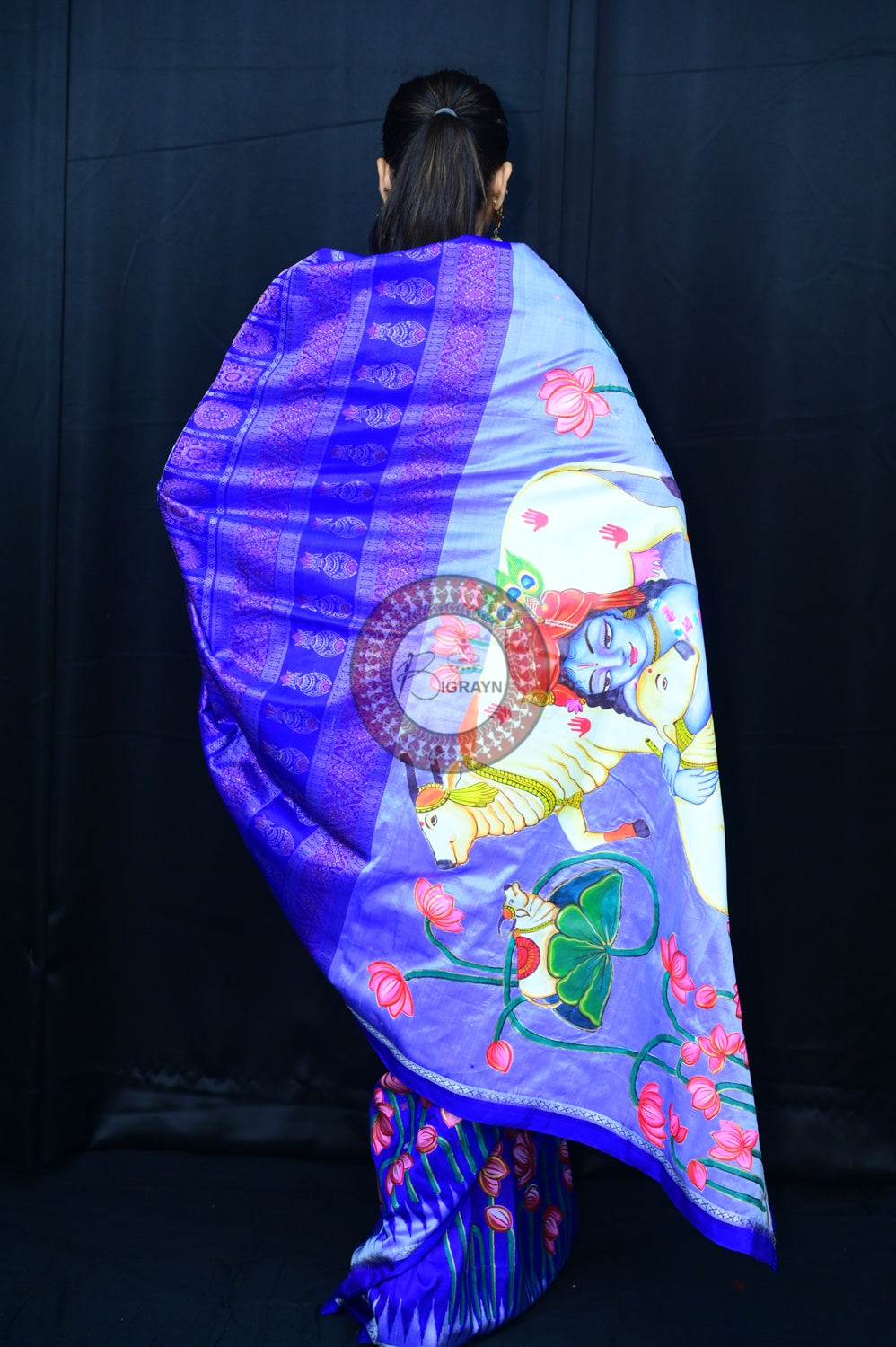 Blue Krishna Pichwai Art Sambalpuri Silk Saree