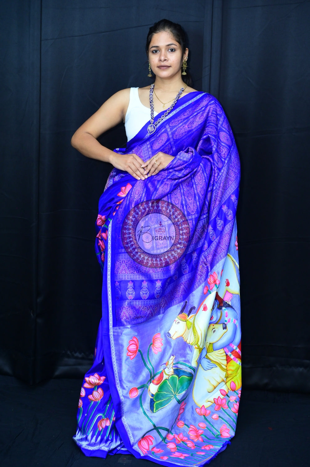 Blue Krishna Pichwai Art Sambalpuri Silk Saree