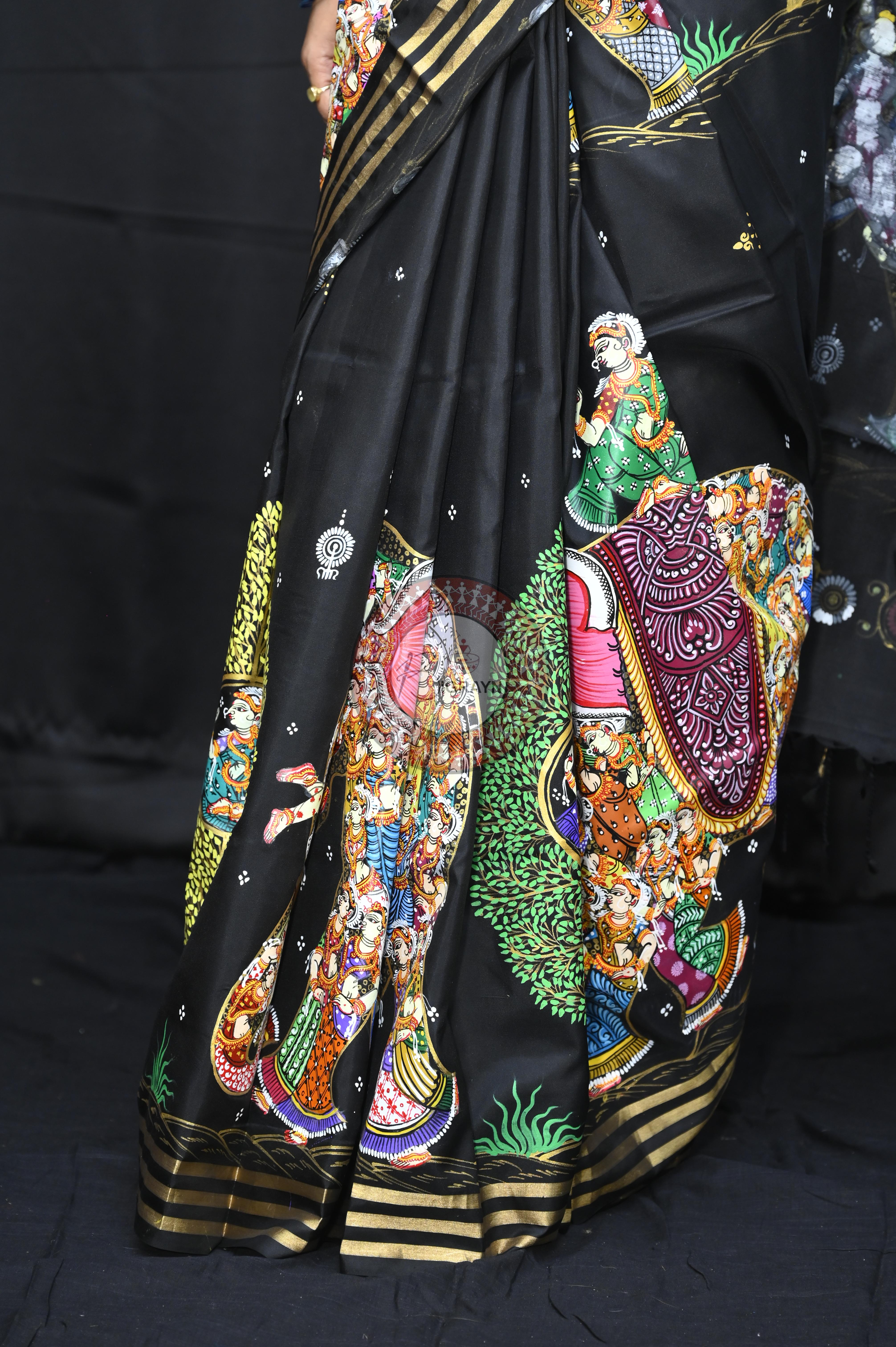 Black 7 Kandarpa Hasti Pattachitra Kanjeeveram Silk Saree