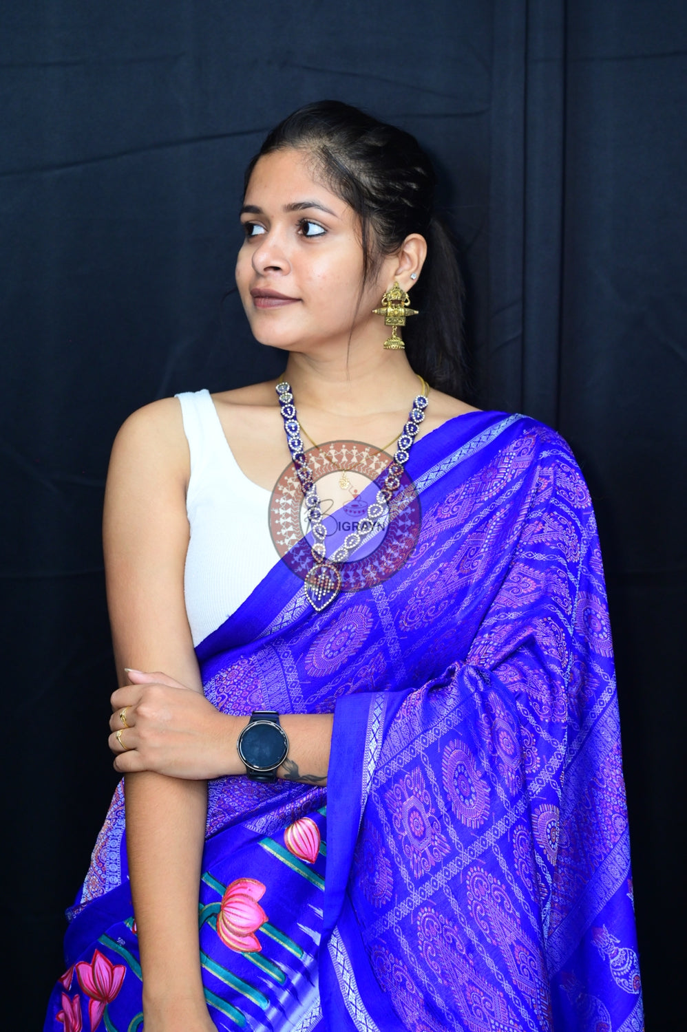 Blue Krishna Pichwai Art Sambalpuri Silk Saree