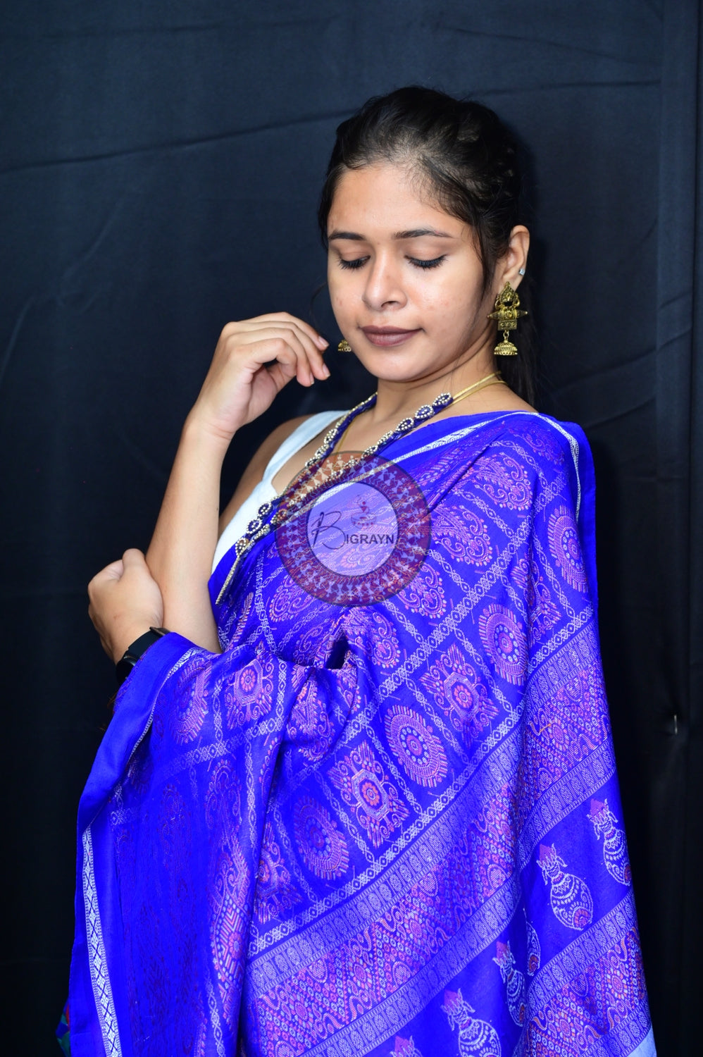 Blue Krishna Pichwai Art Sambalpuri Silk Saree