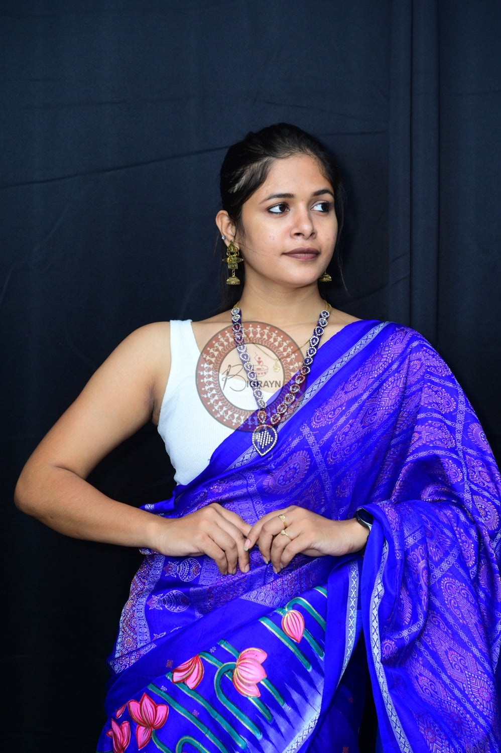 Blue Krishna Pichwai Art Sambalpuri Silk Saree