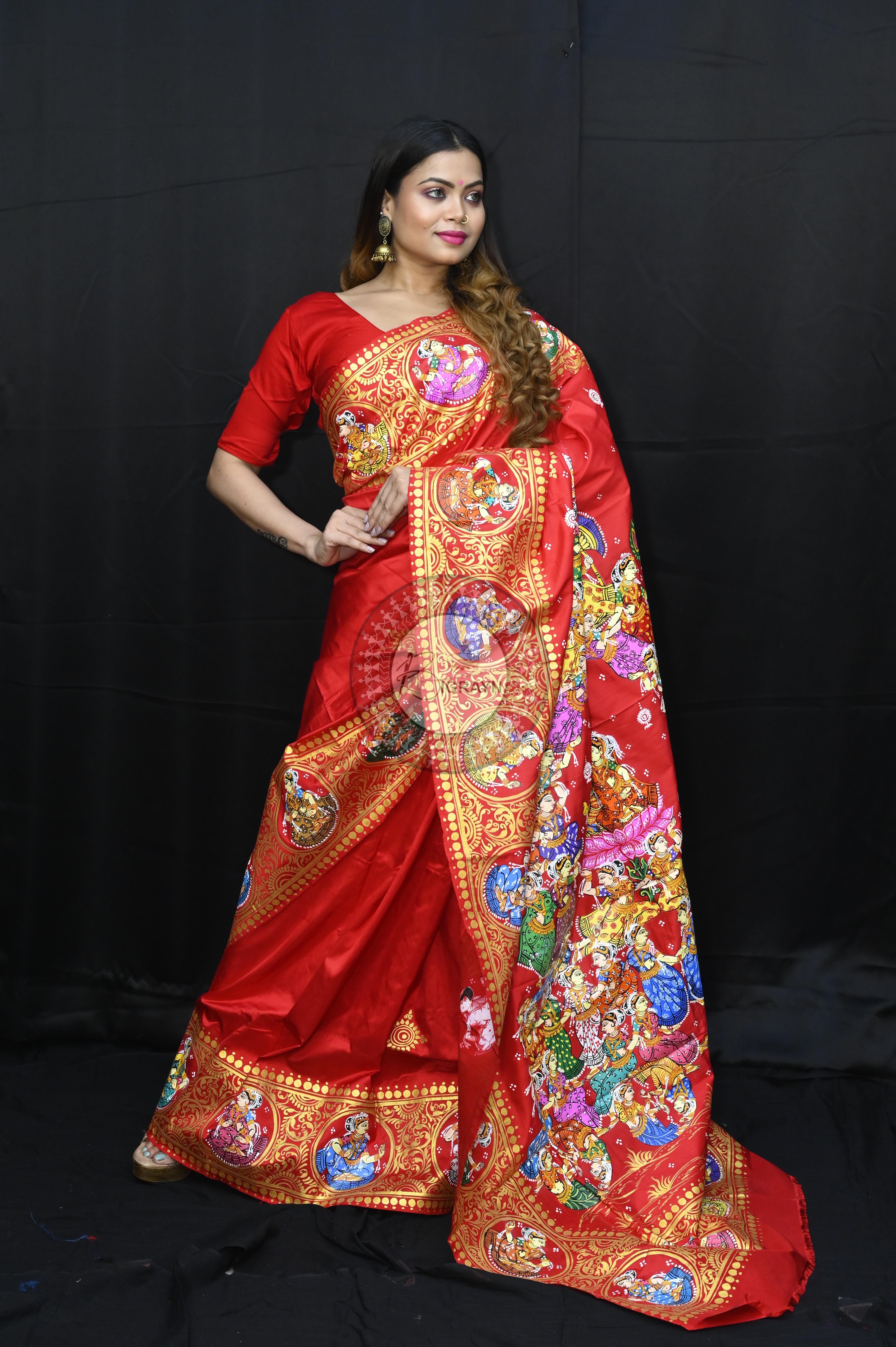 Red Kandarp Ratha Theme Pattachitra Sambalpuri Silk Saree