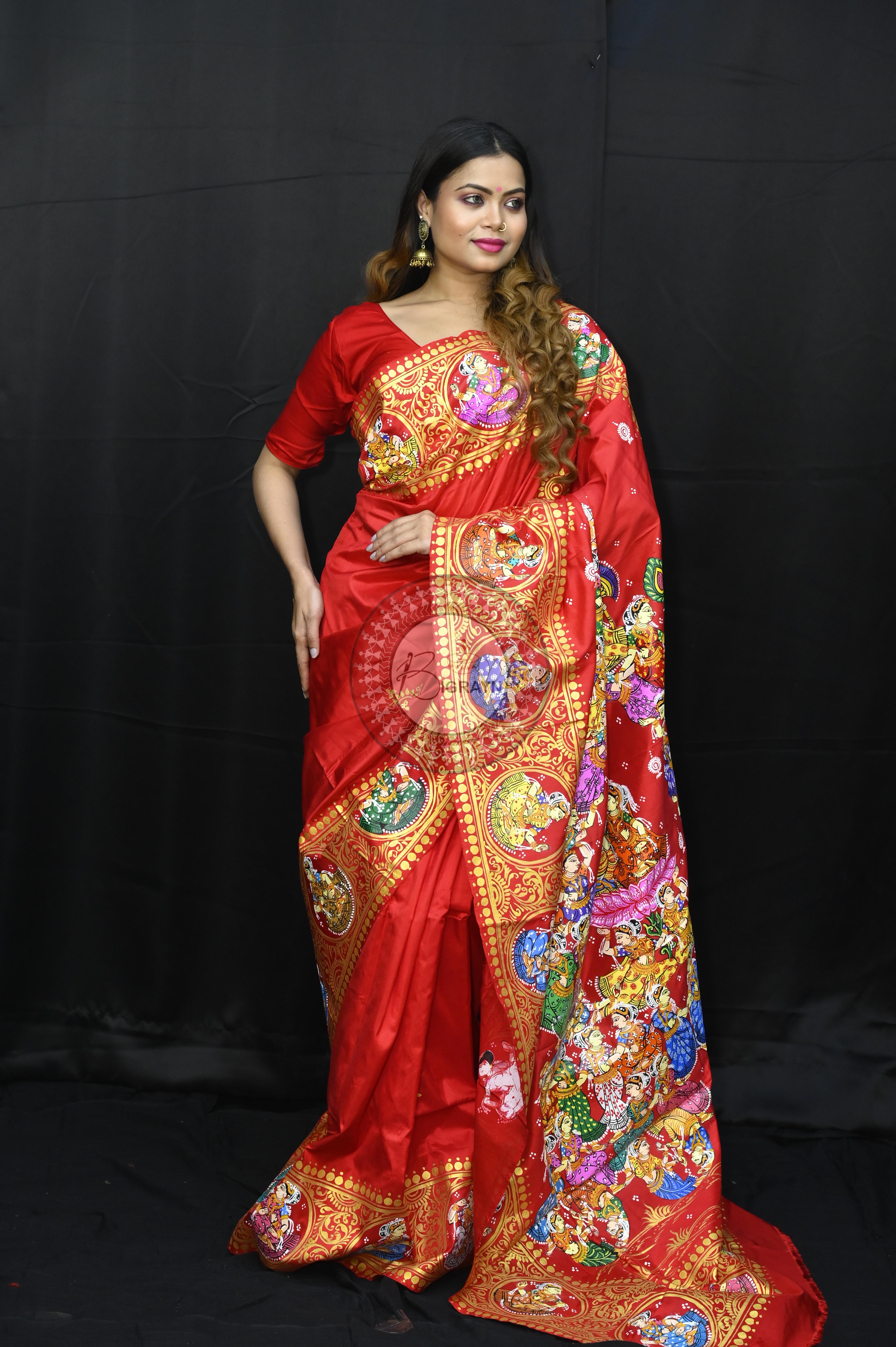 Red Kandarp Ratha Theme Pattachitra Sambalpuri Silk Saree
