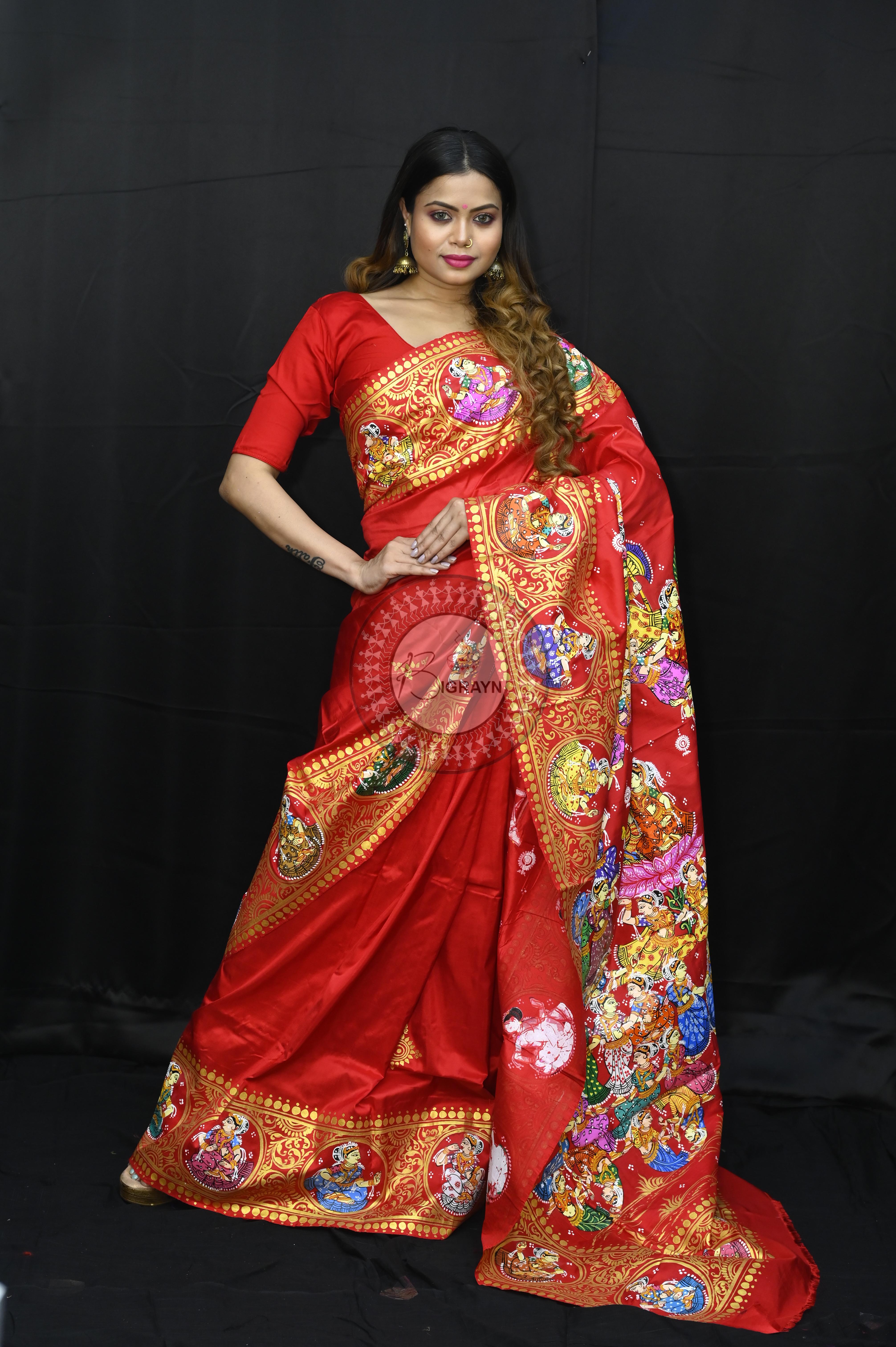 Red Kandarp Ratha Theme Pattachitra Sambalpuri Silk Saree