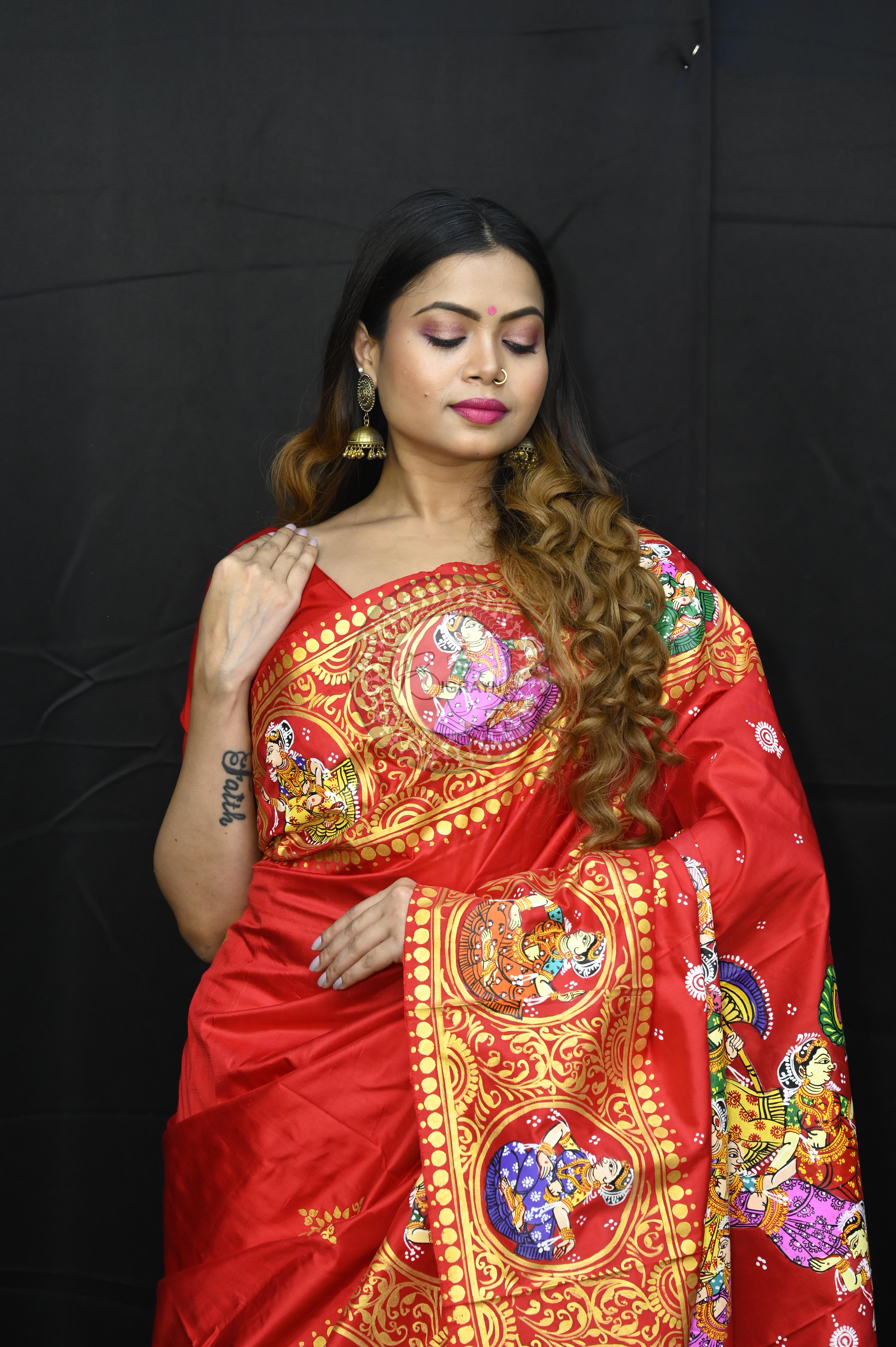 Red Kandarp Ratha Theme Pattachitra Sambalpuri Silk Saree