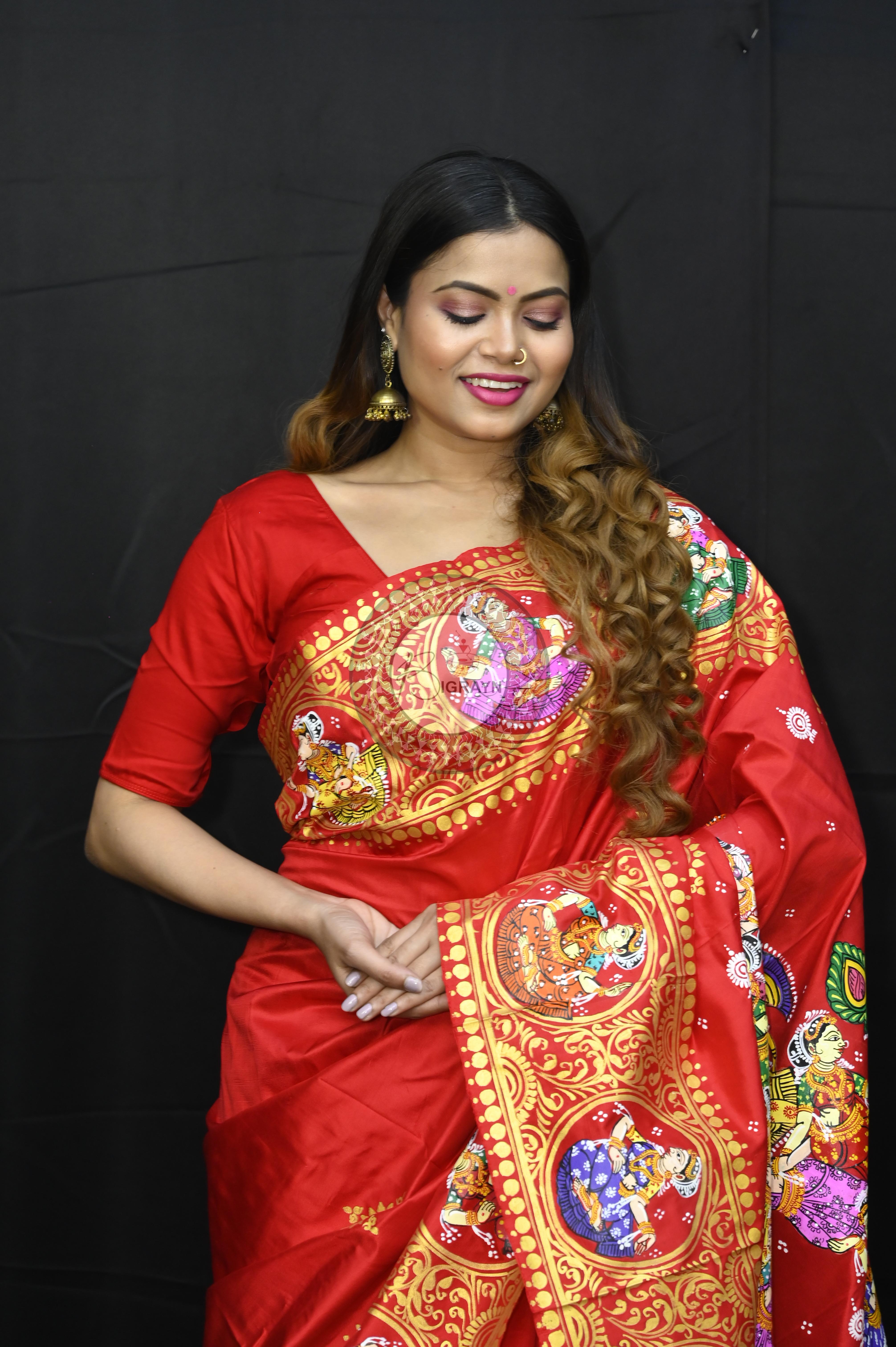 Red Kandarp Ratha Theme Pattachitra Sambalpuri Silk Saree