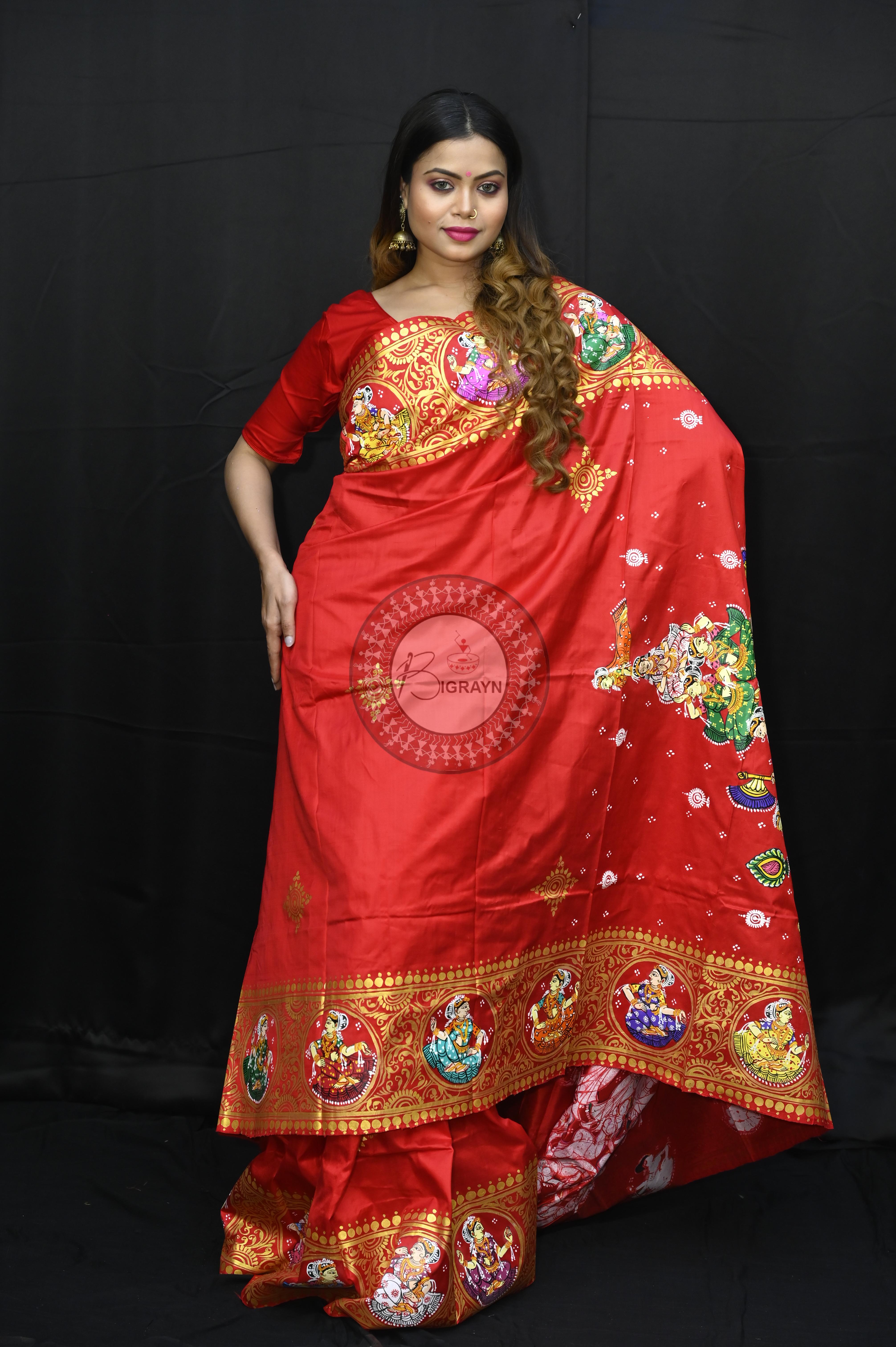Red Kandarp Ratha Theme Pattachitra Sambalpuri Silk Saree