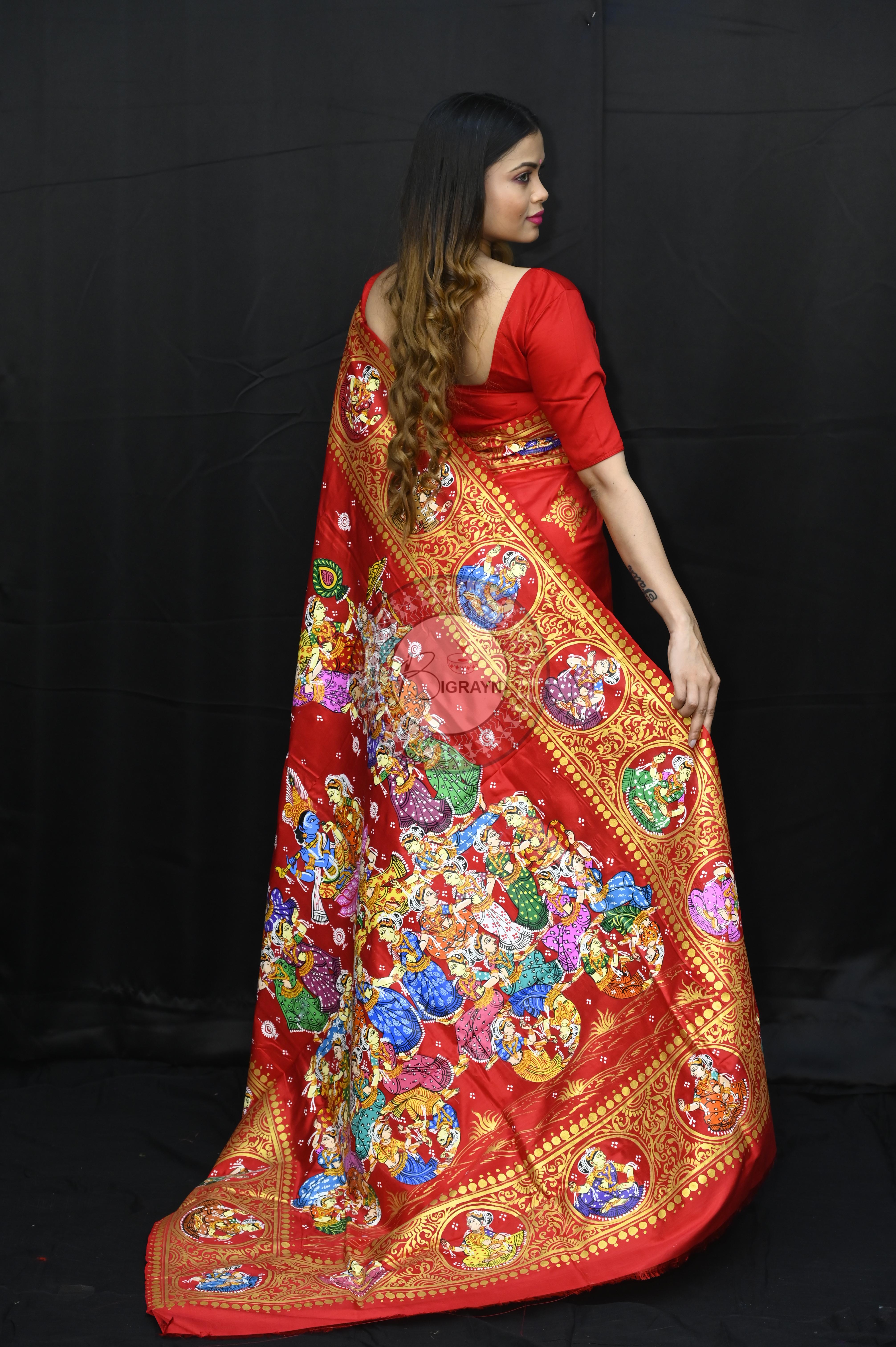 Red Kandarp Ratha Theme Pattachitra Sambalpuri Silk Saree