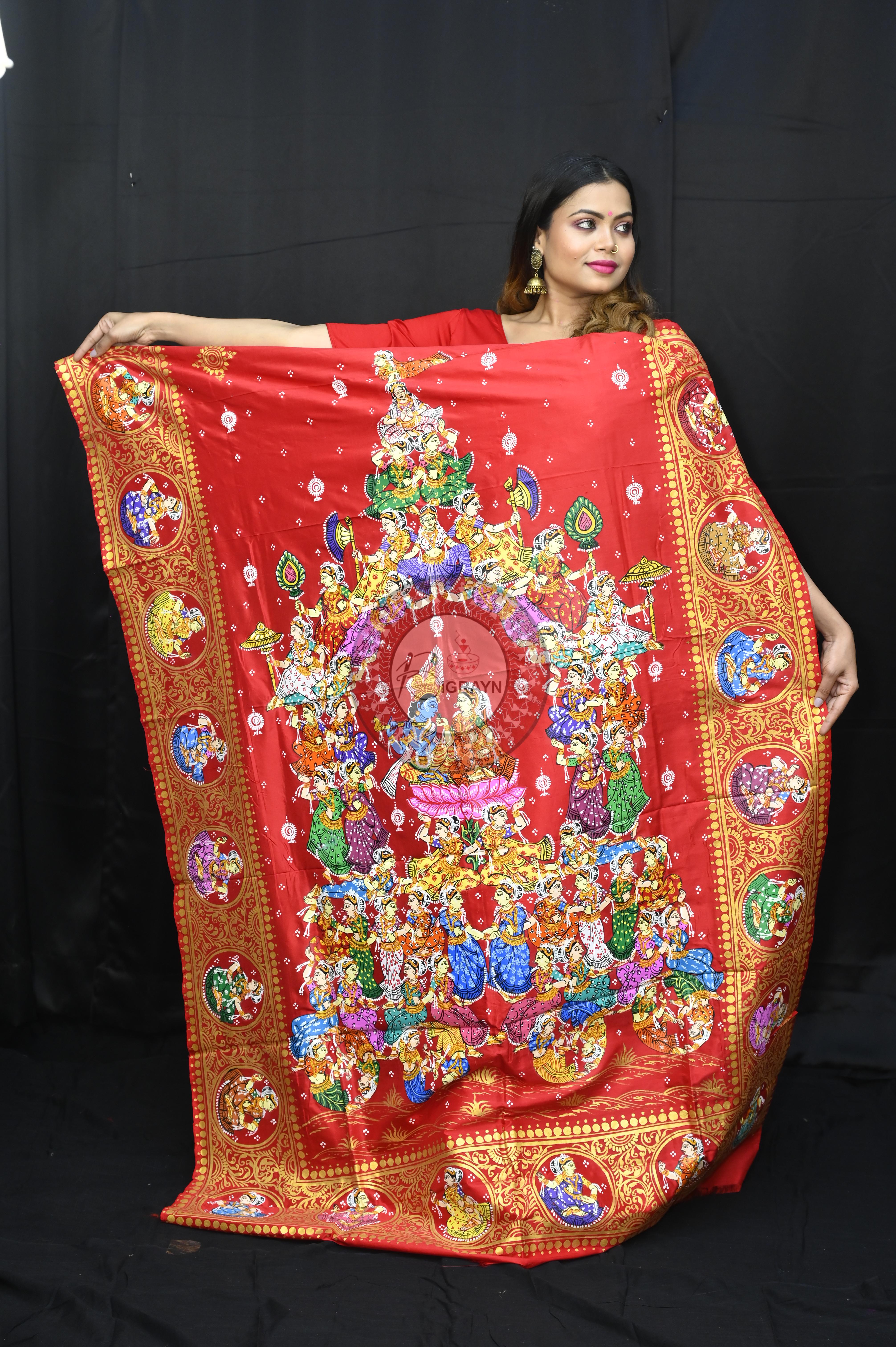 Red Kandarp Ratha Theme Pattachitra Sambalpuri Silk Saree
