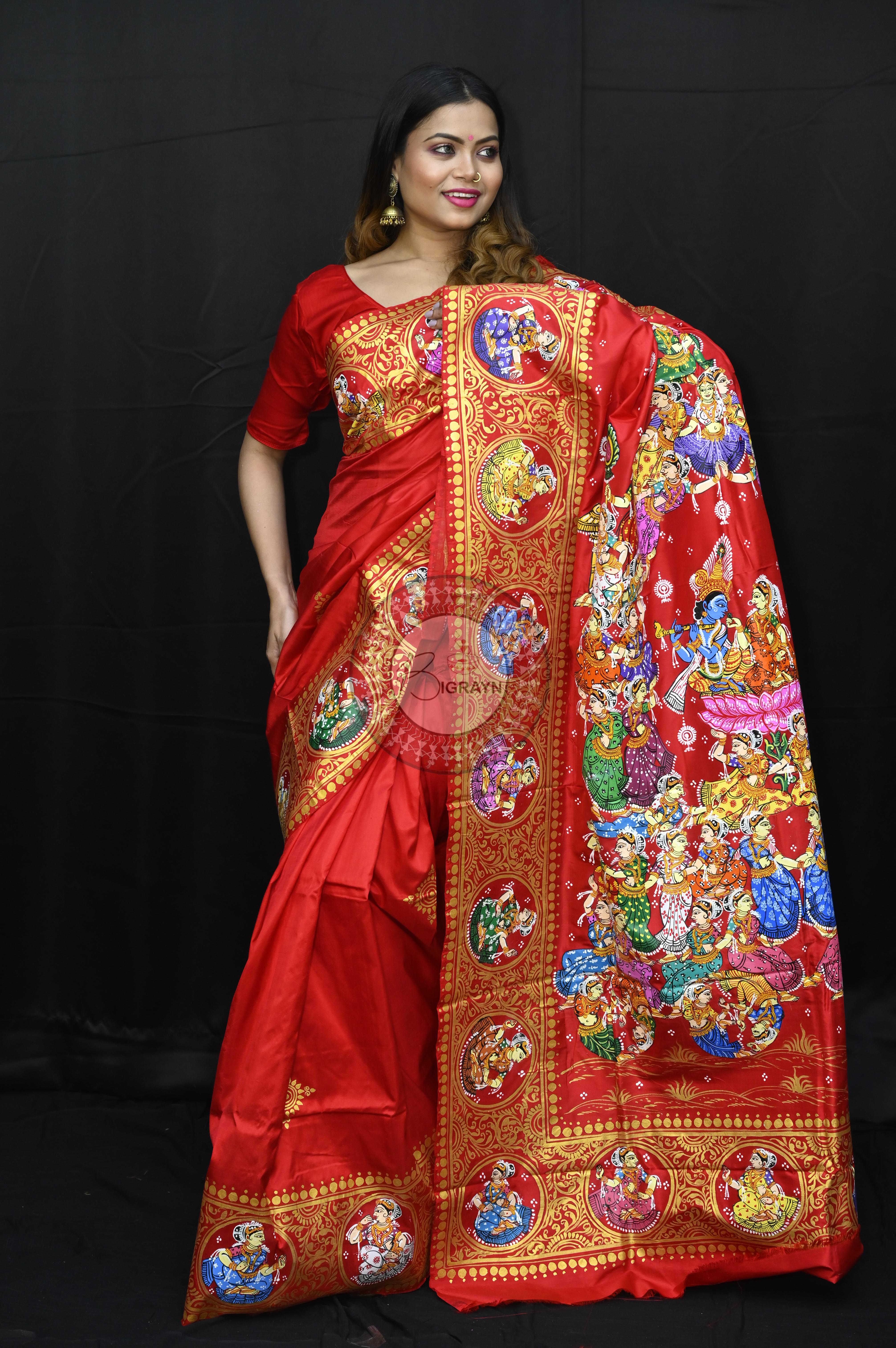 Red Kandarp Ratha Theme Pattachitra Sambalpuri Silk Saree