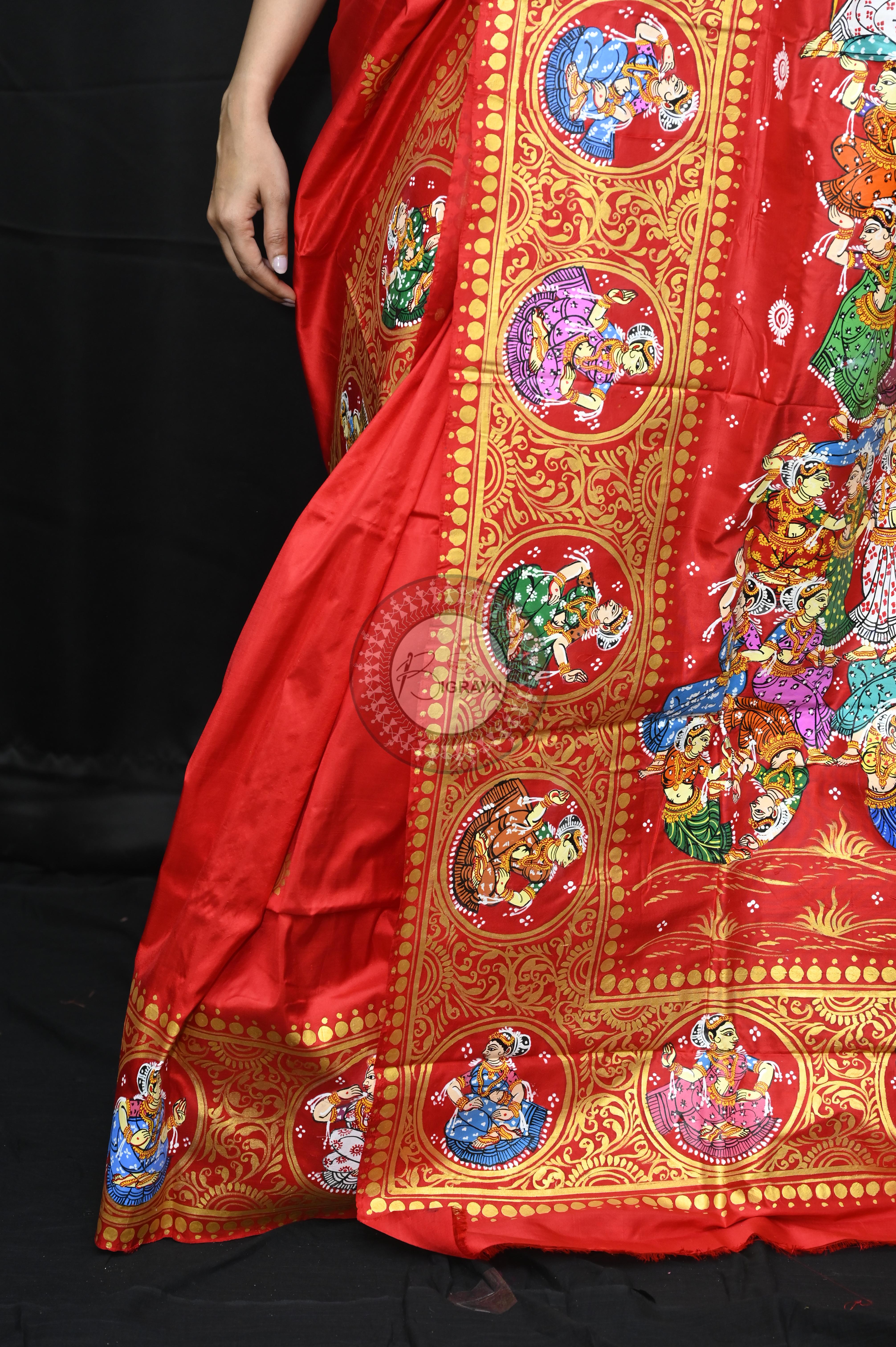 Red Kandarp Ratha Theme Pattachitra Sambalpuri Silk Saree