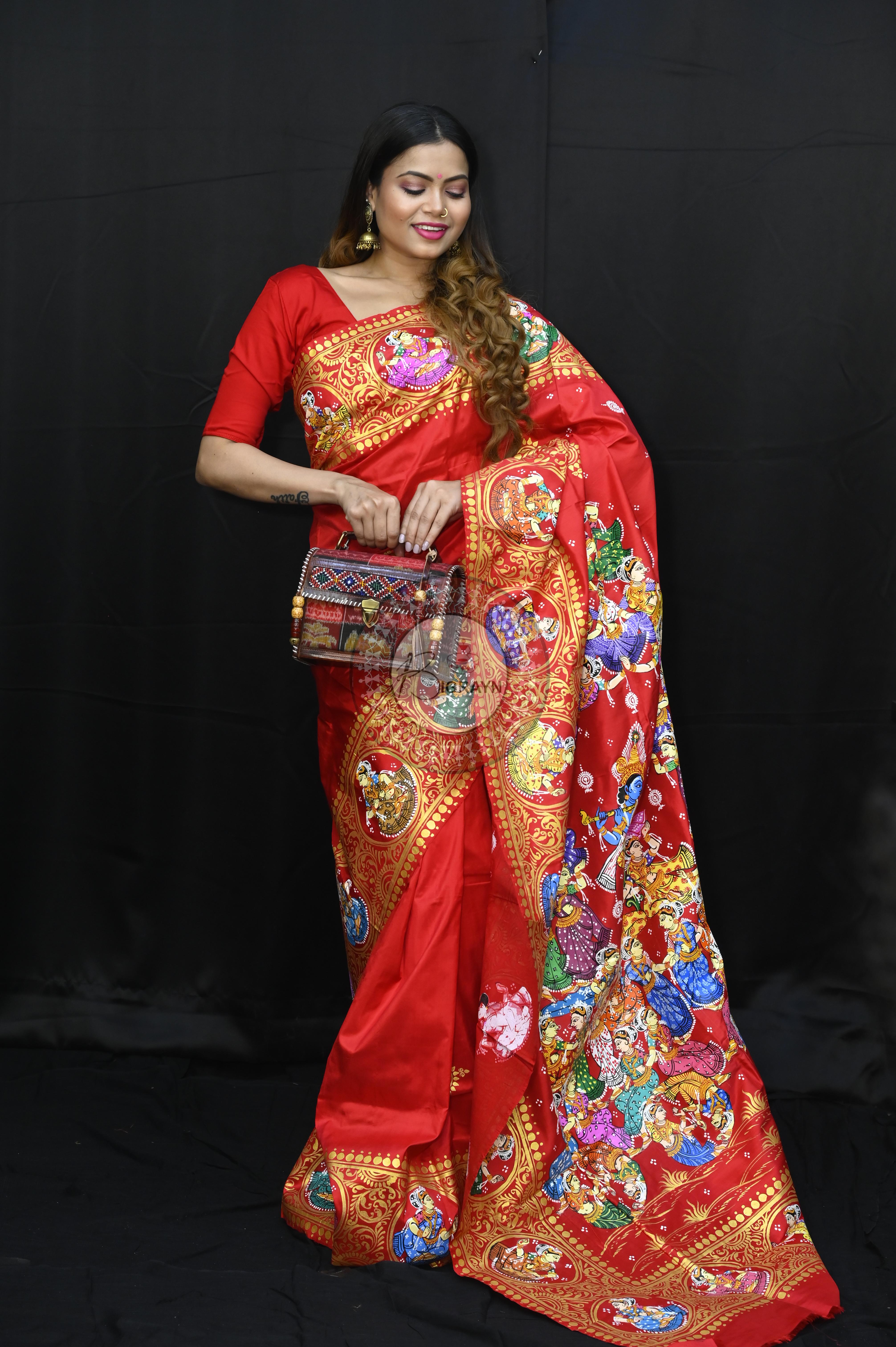 Red Kandarp Ratha Theme Pattachitra Sambalpuri Silk Saree