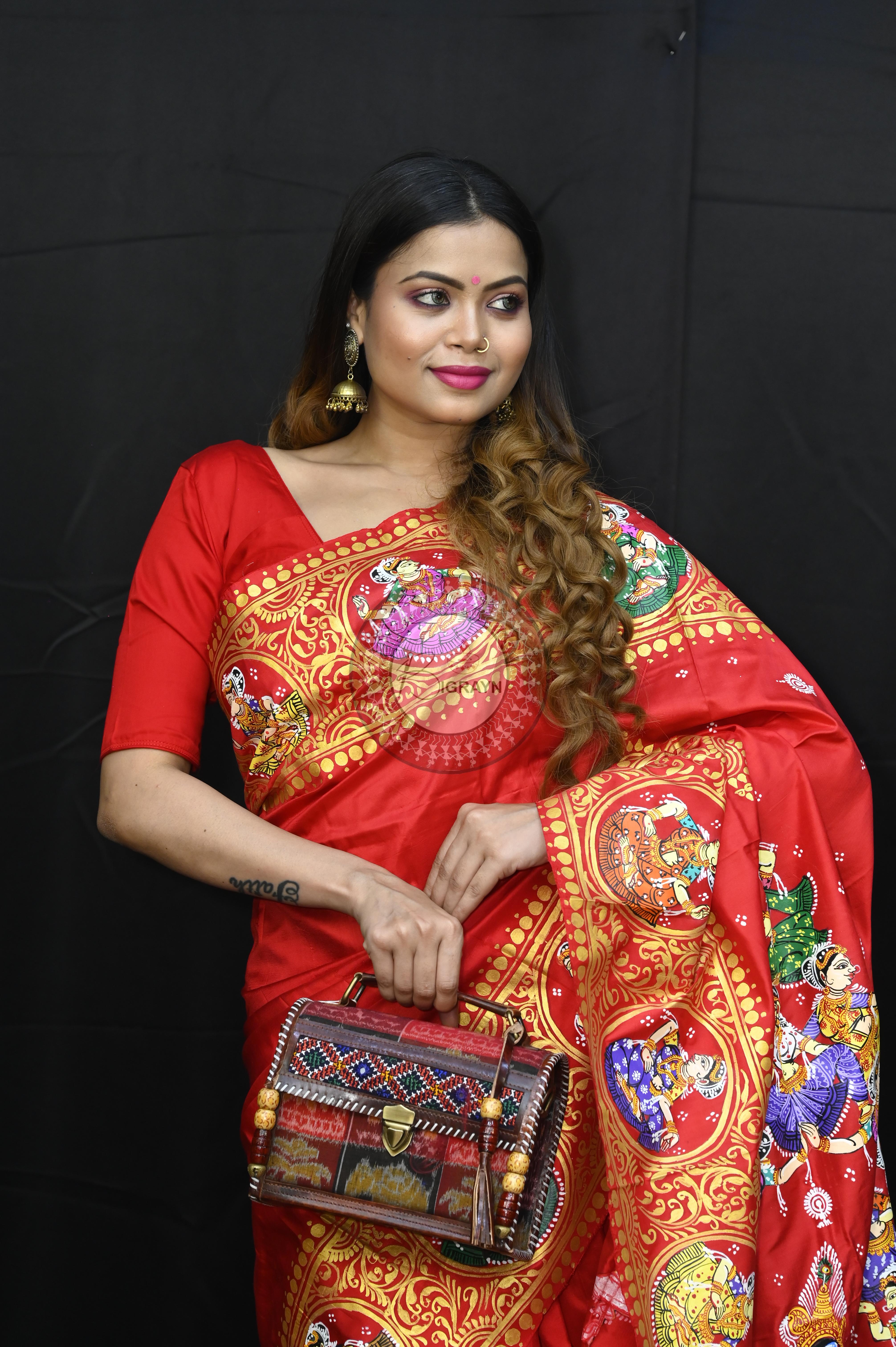 Red Kandarp Ratha Theme Pattachitra Sambalpuri Silk Saree